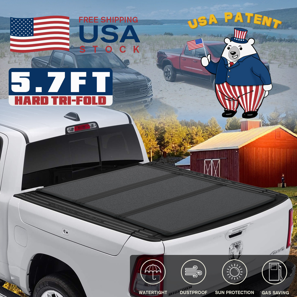 Fit RamBox Hard Tri-fold Tonneau Cover for 2009-19 Dodge Ram w/ RamBox 5'7" Bed