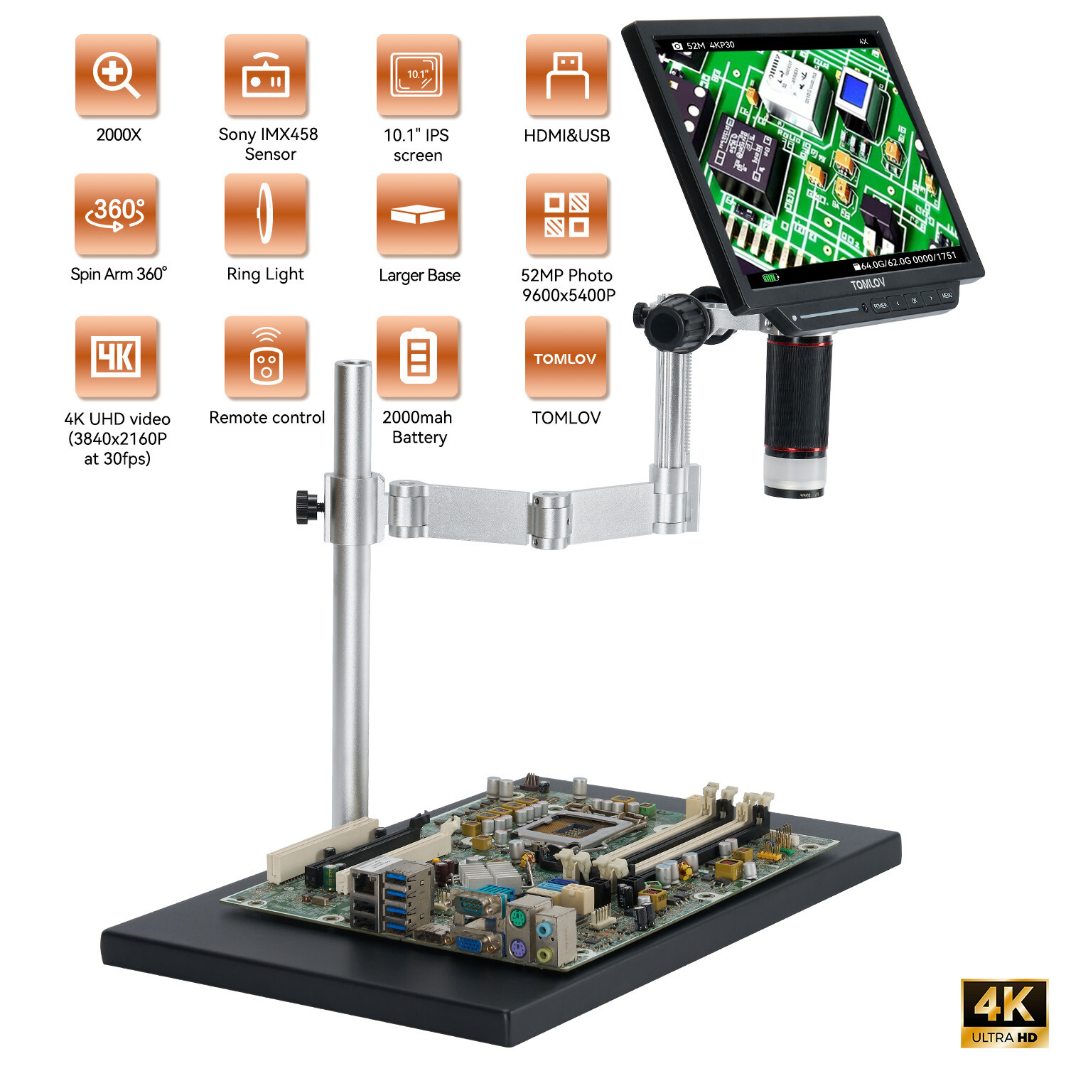 TOMLOV TM4K Max Digital Microscope 2000x 52MP 4K Video LCD Microscope for Adults