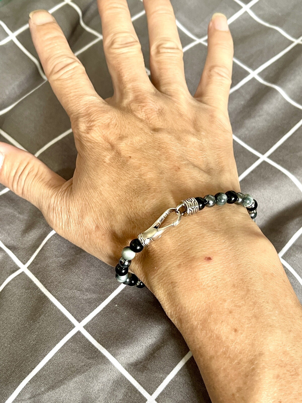 New John Hardy Men’s Sil Bracelet W/ 6mm Black Onyx, Eagle Eye & Hematite Beads