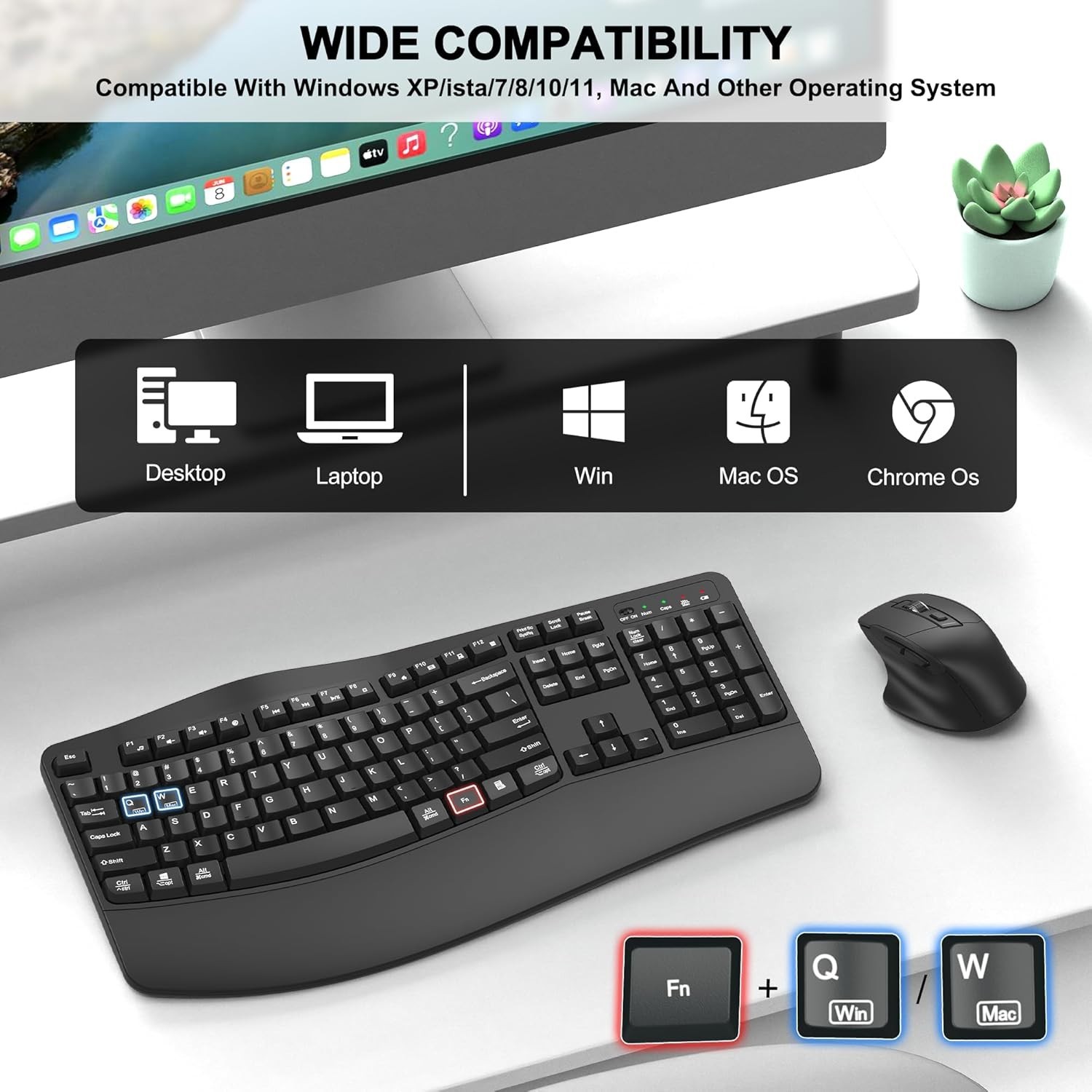 Wireless Keyboard and Mouse Combo, 2.4G Full Size Wave Keys Ergonomic Keyboard
