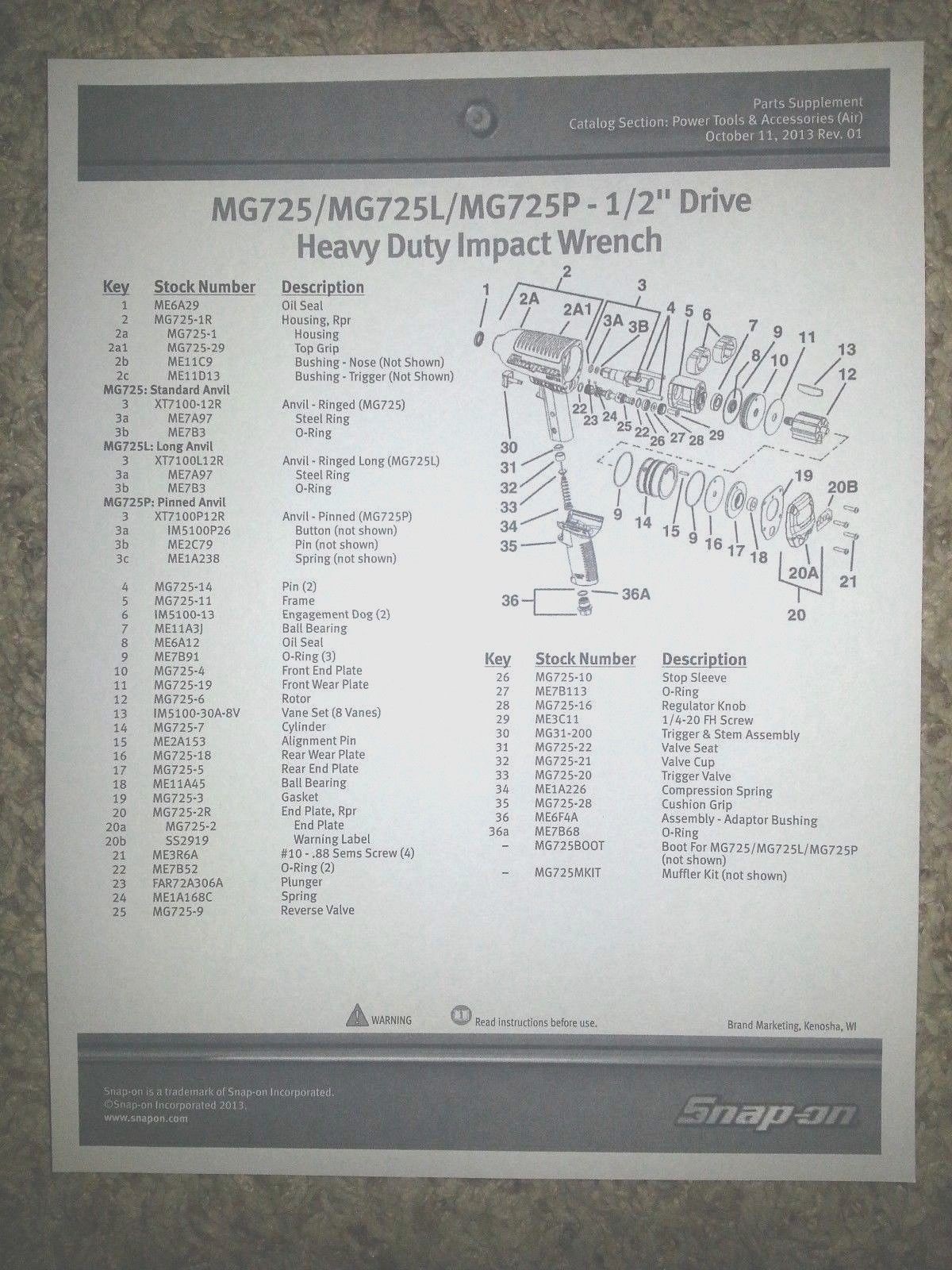 SNAP ON MG725 & MG725A COMPLETE TUNE UP AND REPAIR KIT WITH O'RING SEAL UPGRADES