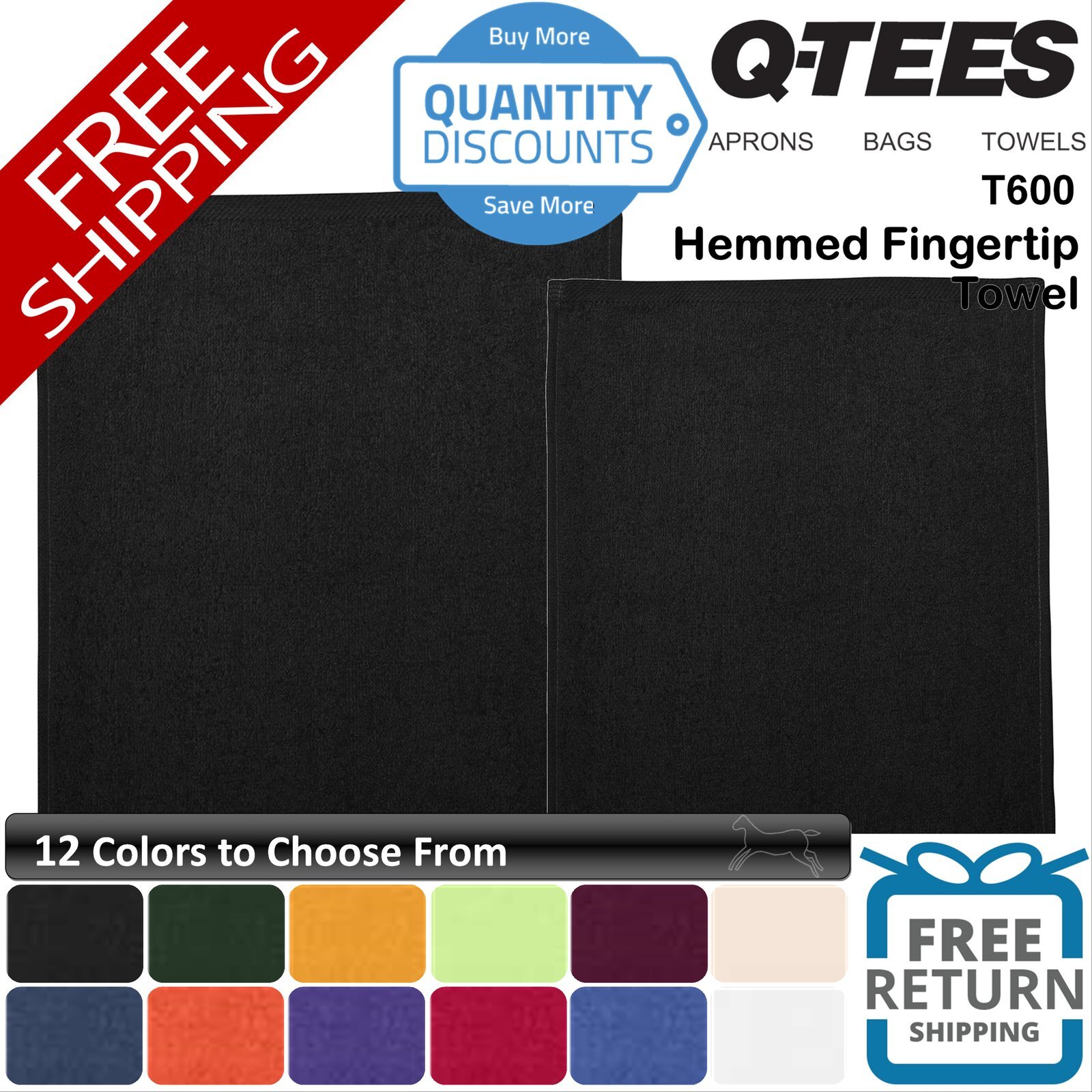 🔥 6 Pack Q-tees Hemmed Fingertip Towel 100% cotton 11 x 18" Cleaning T600