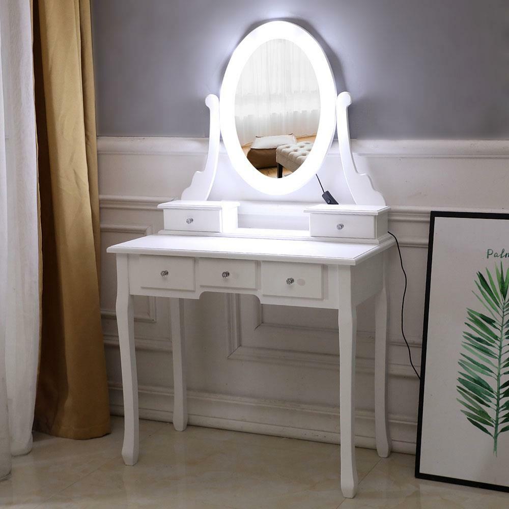 10 LED Lighted Mirror Vanity Table Set Makeup Dressing Desk 5 Drawers Wood