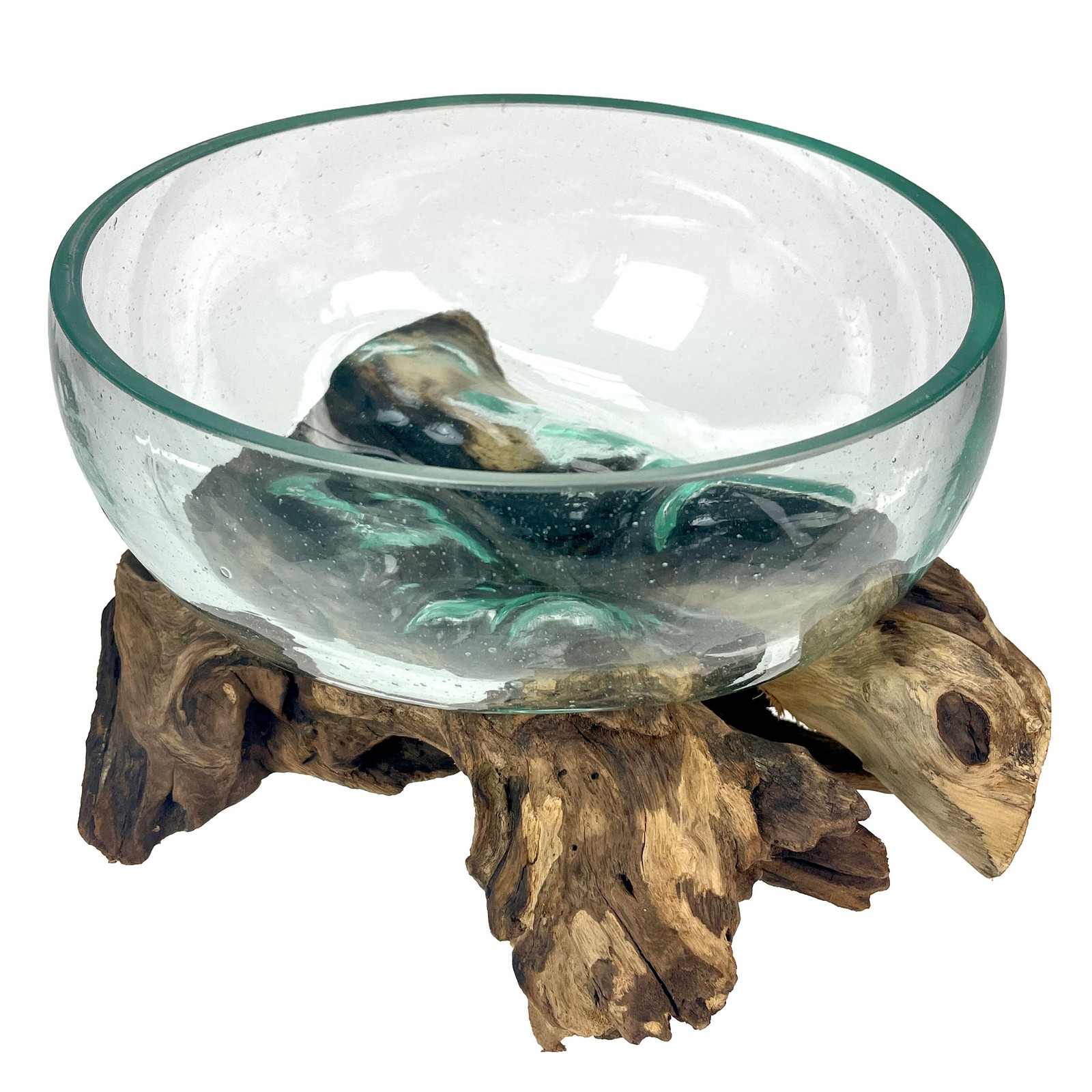 Molten Glass Bowl on Driftwood 10" Hand Blown Decorative Centerpiece Planter