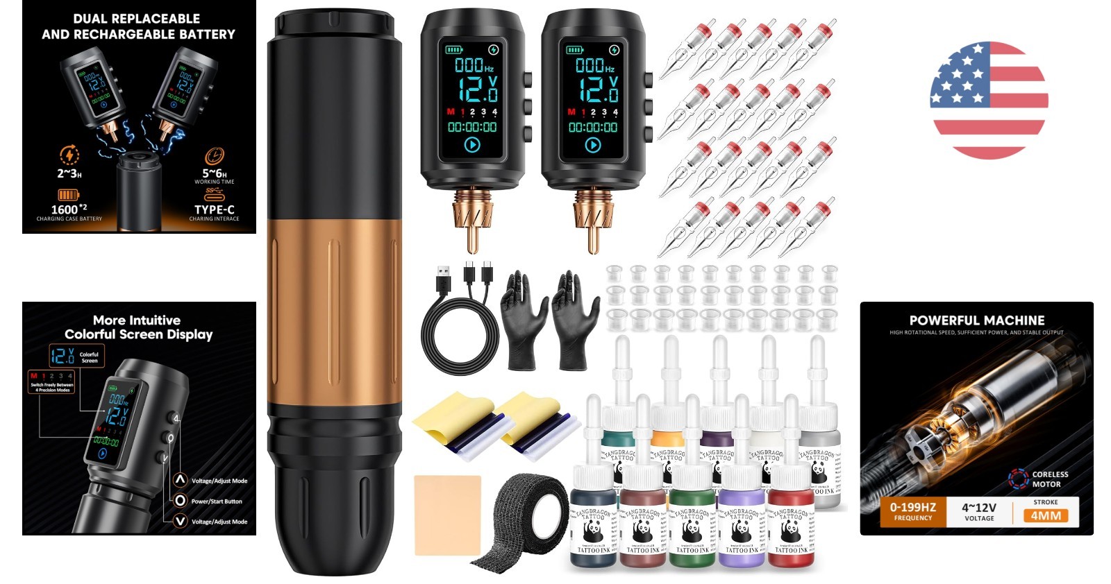 Tattoo Gun Kit Wireless Tattoo Machine Pen Kit with 2Pcs Replaceable battery ...