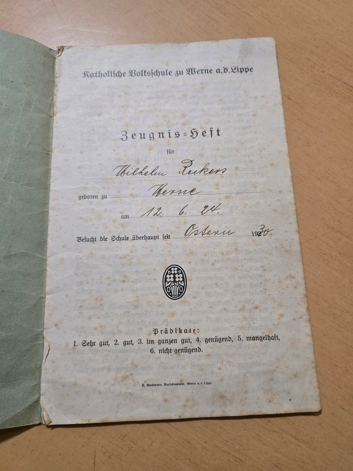 1930–1937 Third Reich Jugend German School Report Book Zeugnis Heft Wilhelm Reck