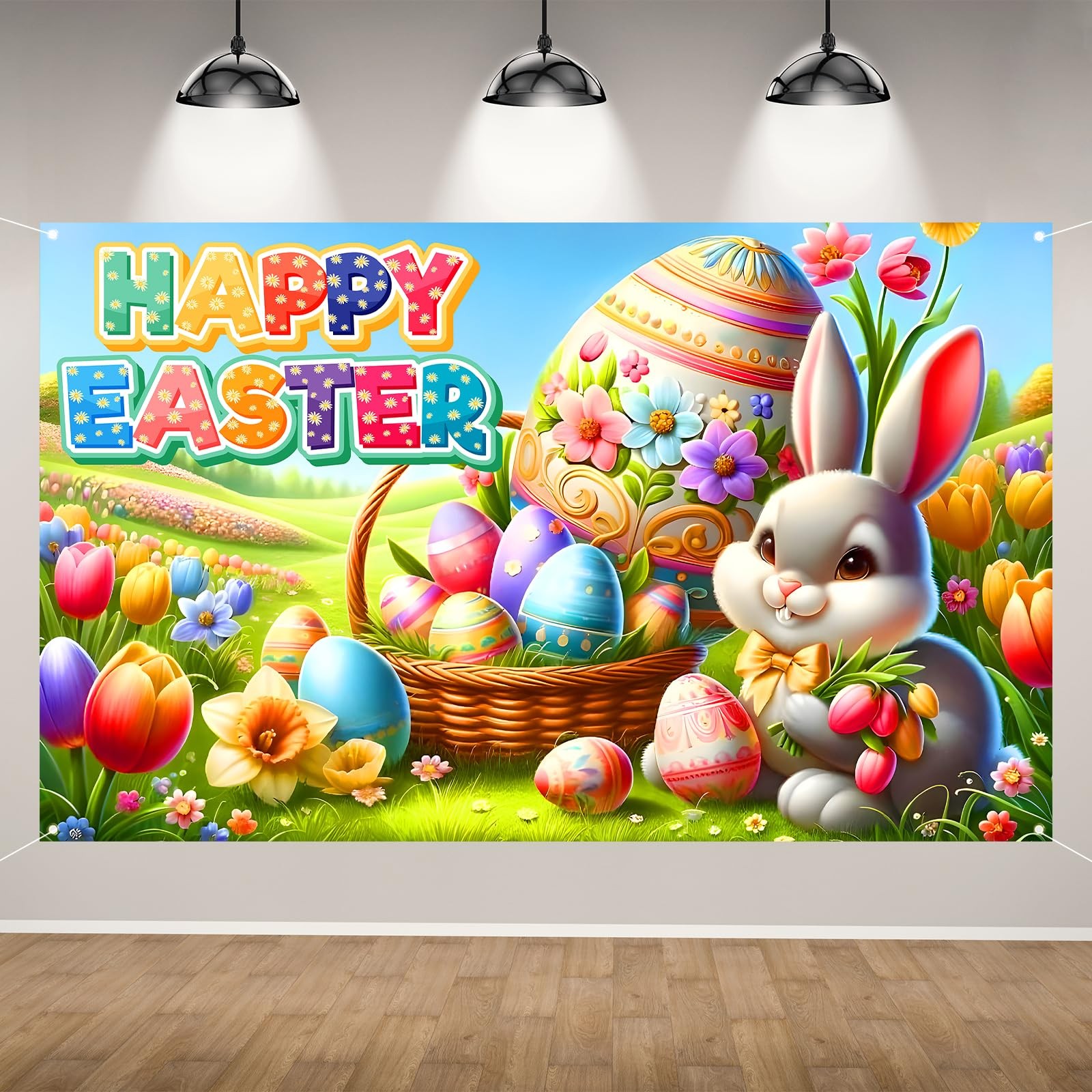 Happy Easter Photo Backdrop Bunny Rabbit 71 inches x 43 inches, Multicolor