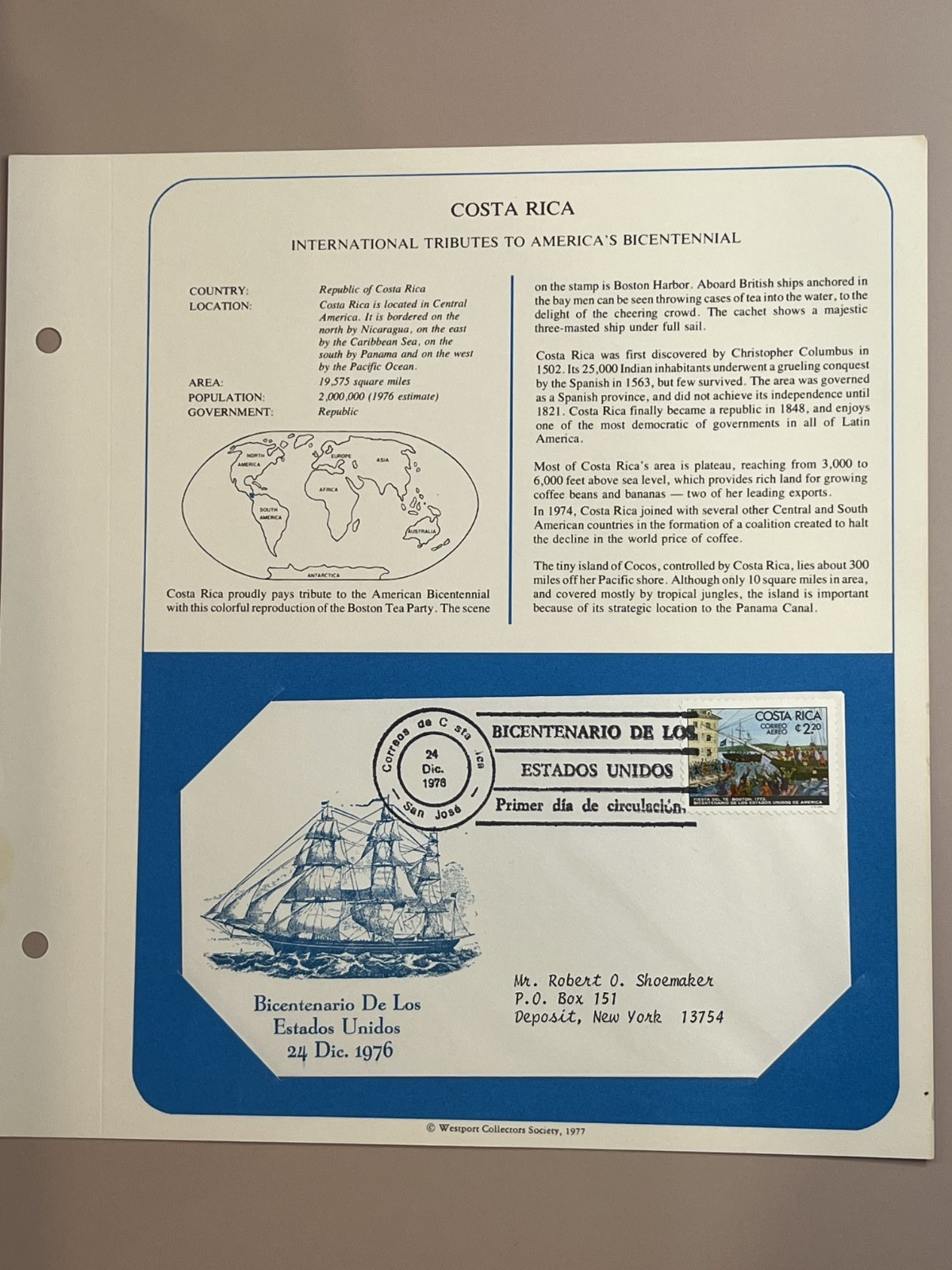 1976 International Tributes to America's Bicentennial History Costa Rica Cover