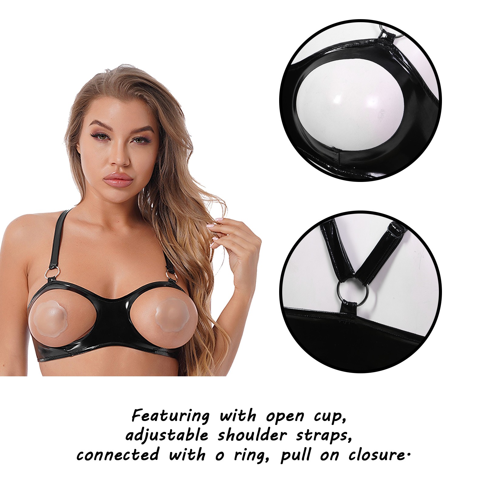 US Womens Sexy Open Nipple Patent Leather Bra Top with O Ring Bralette Lingerie