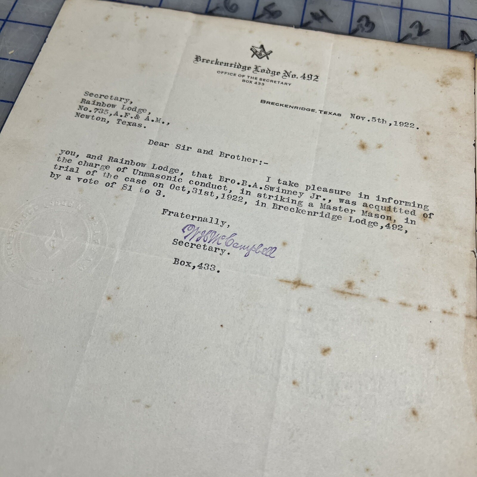 Freemasonry Letters Breckinridge Lodge 492 Unmasonic Conduct Texas 1922 Masonic
