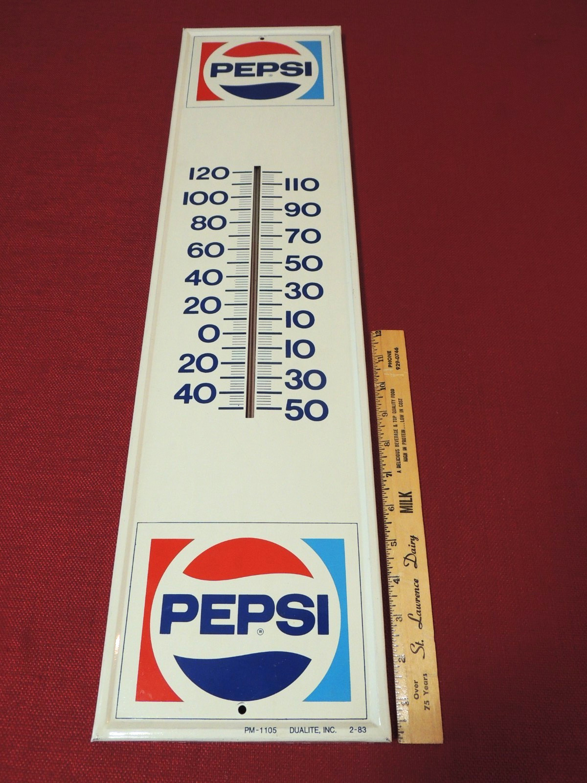 Vintage Pepsi Advertising Metal Thermometer 28" x 7 1/2", PM 1105, 2-83, NrMT