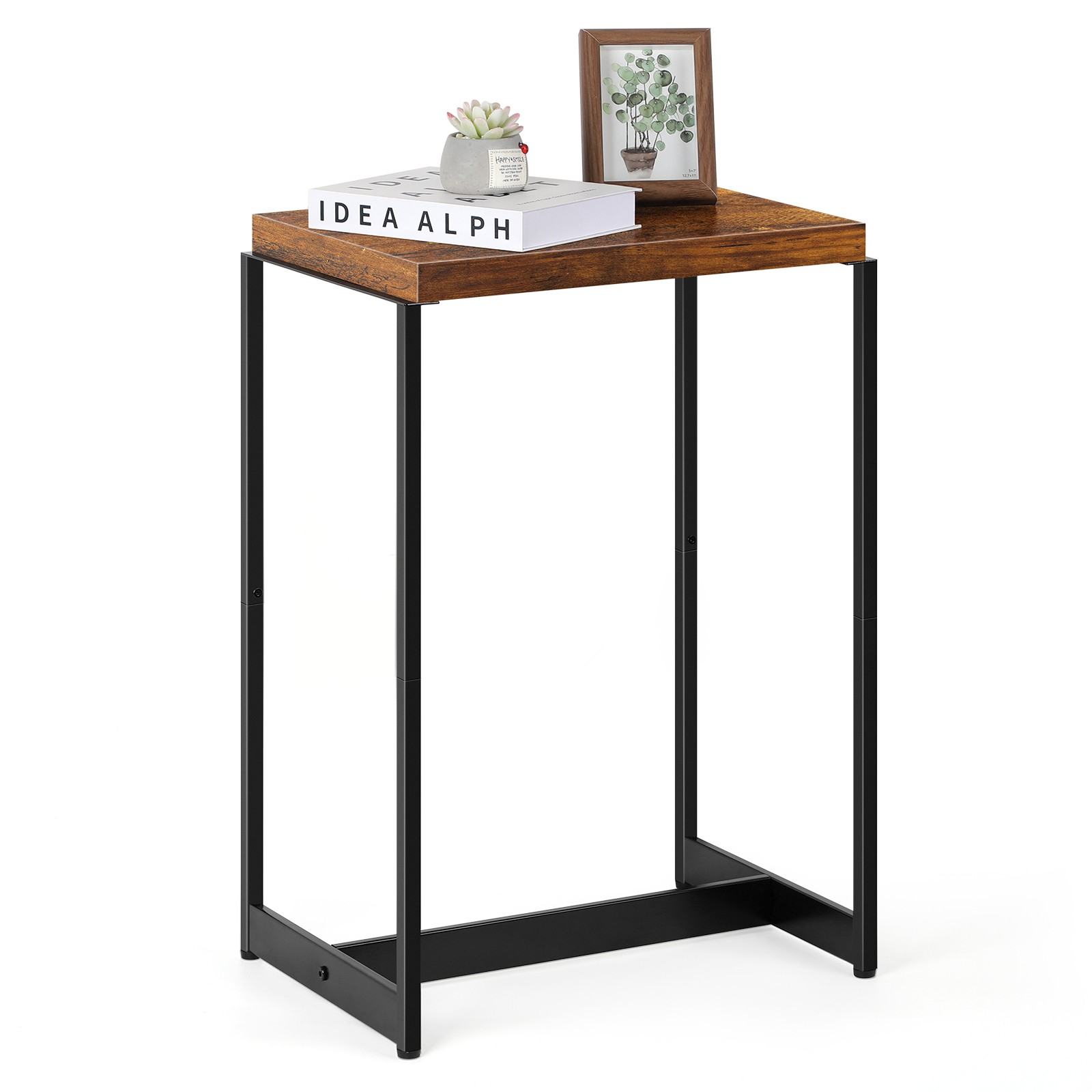 Brown End Table Small Side Table, Wood Night Stand with Metal Frames for Bedroom