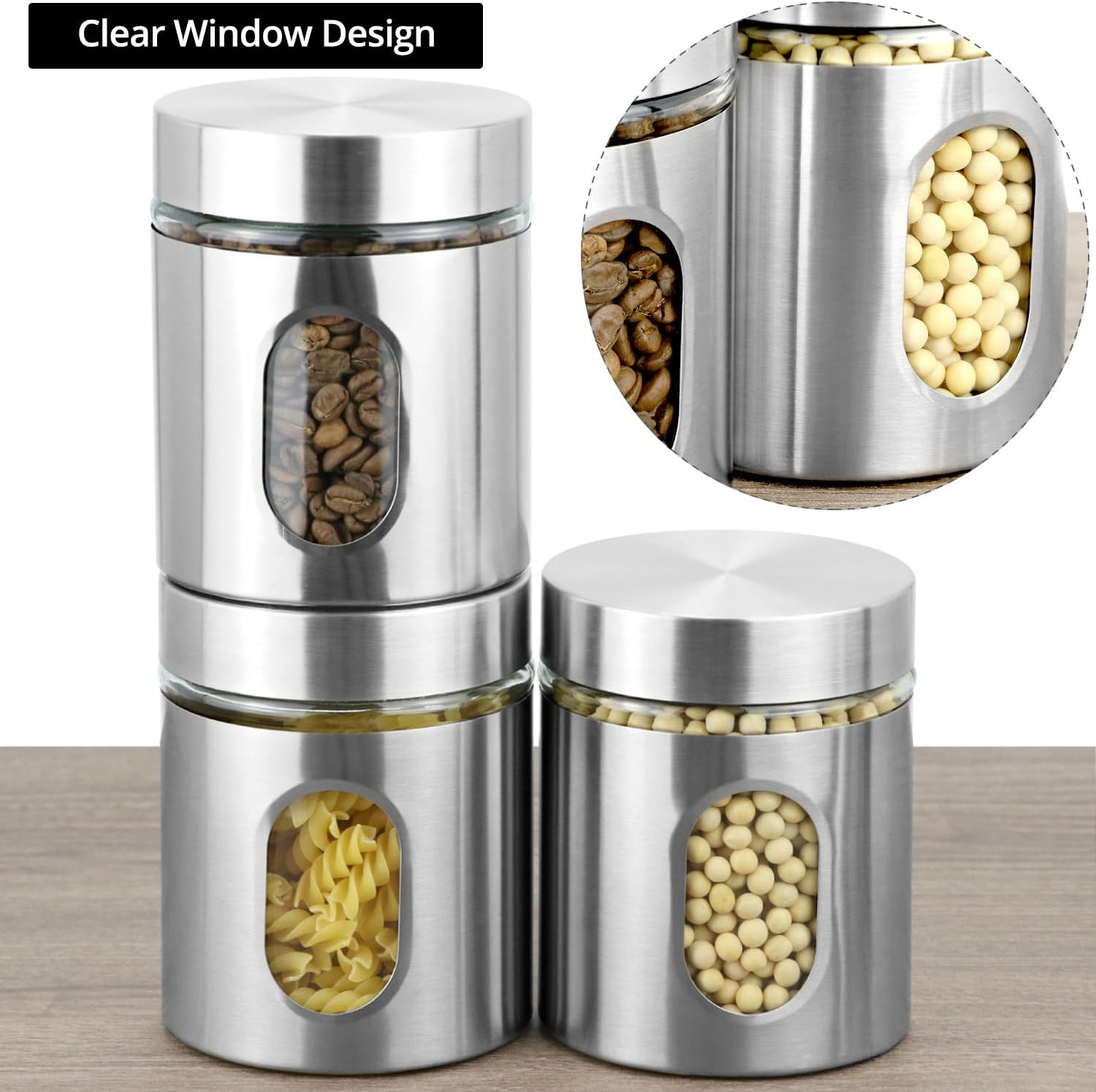 6 Pack 20 Oz Stainless Steel Glass Kitchen Canisters Set, Airtight Food Storage