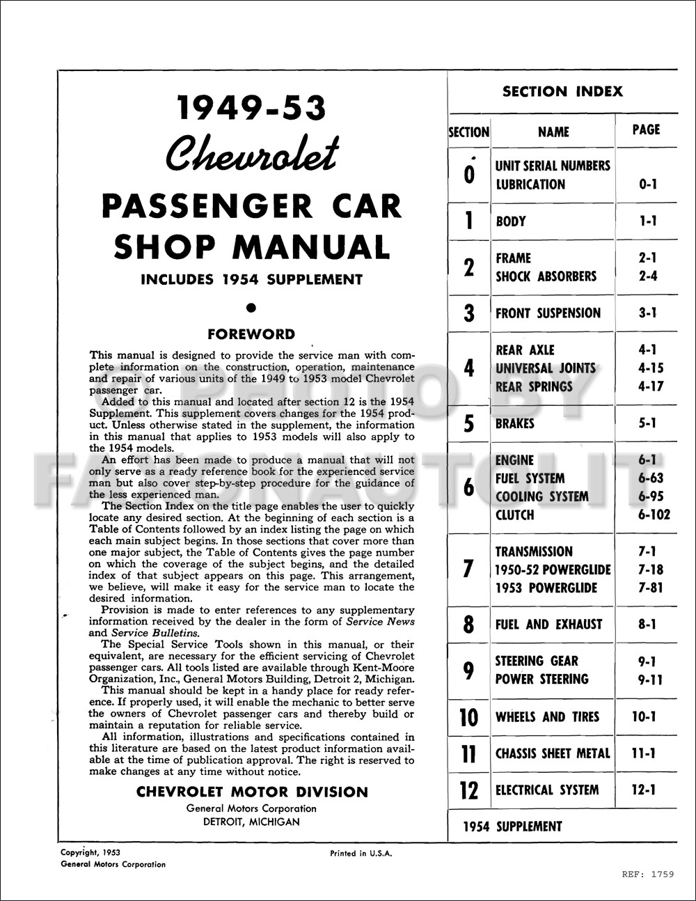 Best Chevy Car Shop Manual 1954 1953 1952 1951 1950 1949 Chevrolet Repair Book
