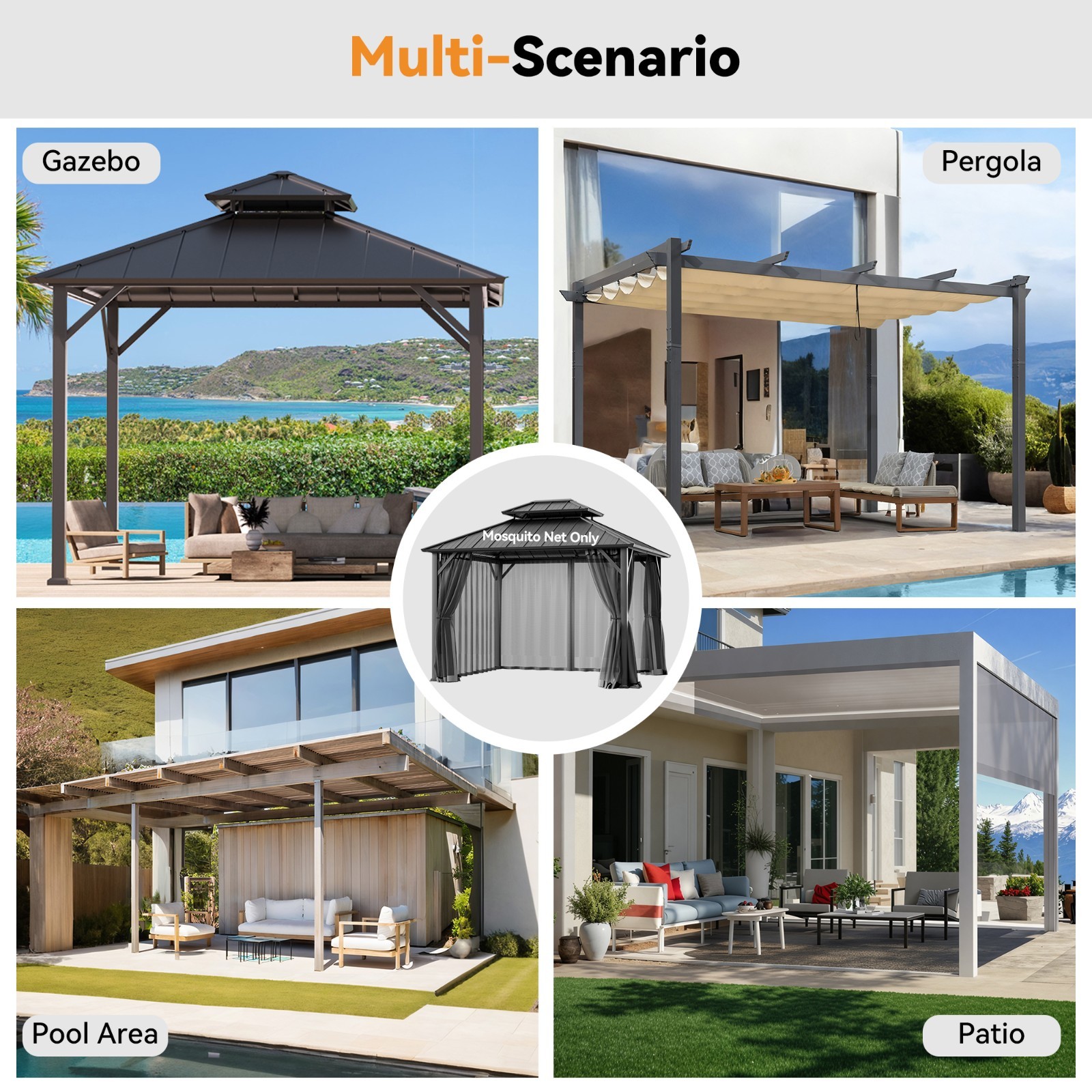 Gazebo Mosquito Netting Waterproof Insect Screen Easy Install Double Zippers