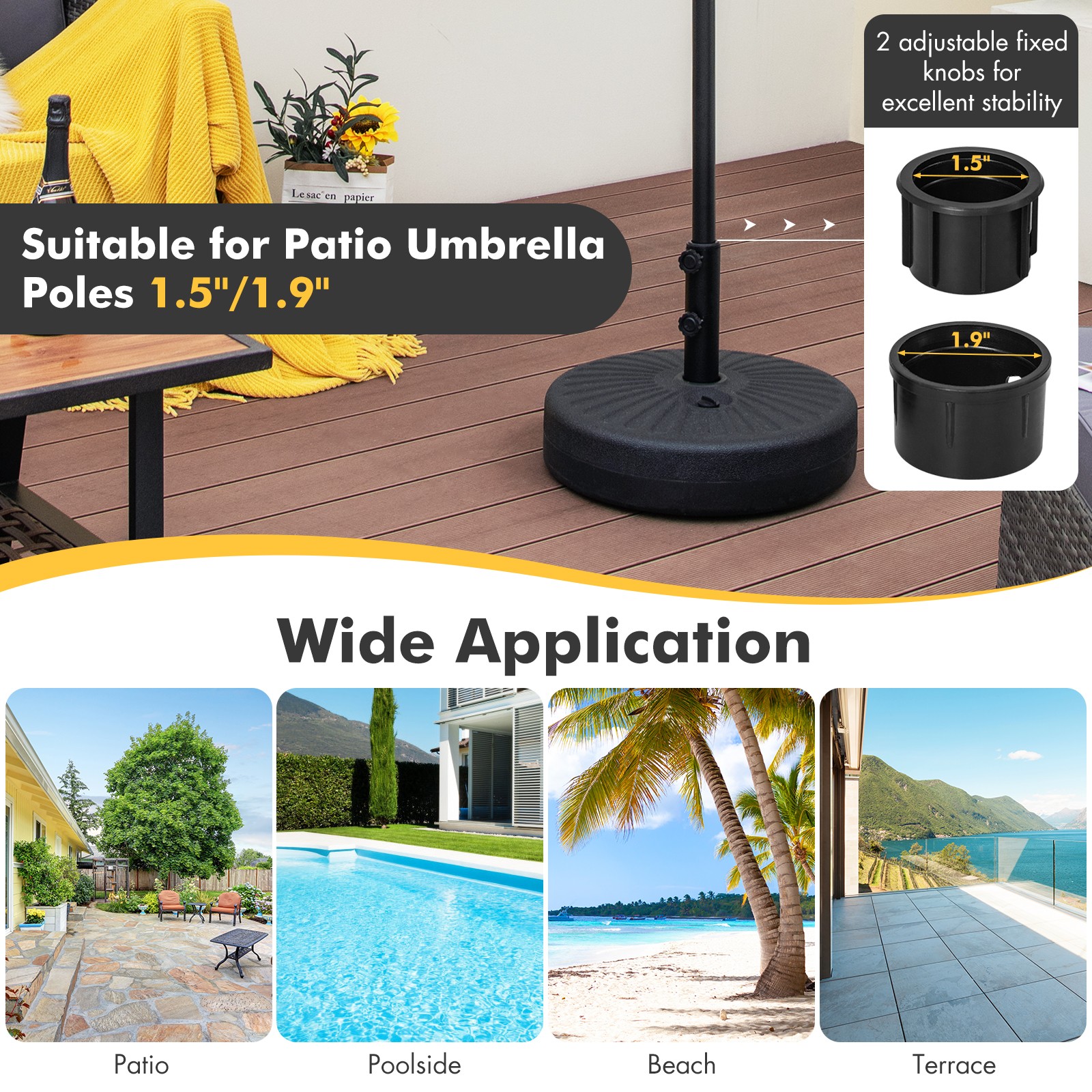 19.5" Fillable Round Umbrella Base Stand Holder Patio Heavy-Duty Pole 1.5"/1.9"
