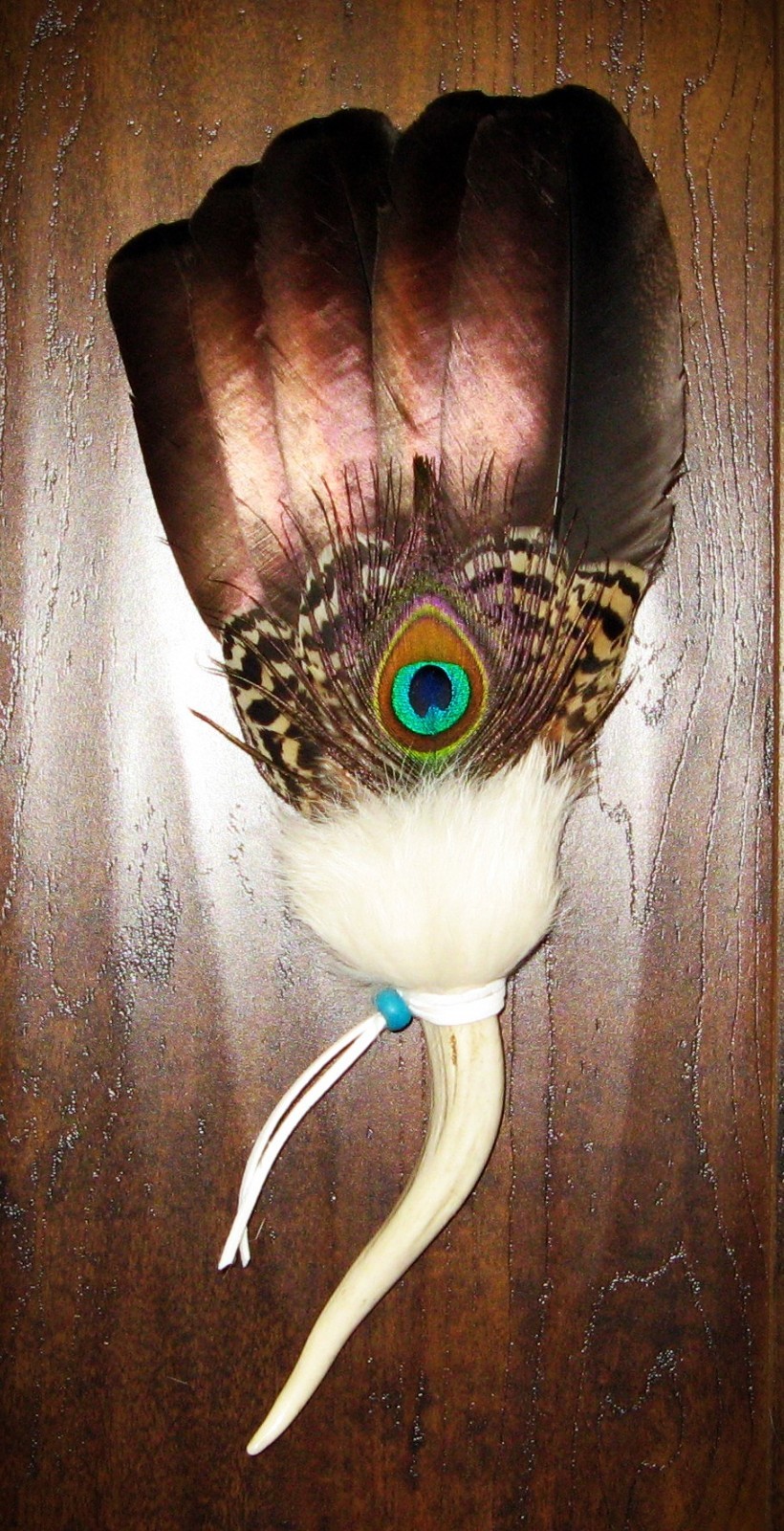 BRONZED COPPER TURKEY NATIVE AMERICAN SMUDGE FEATHER FAN ANTLER