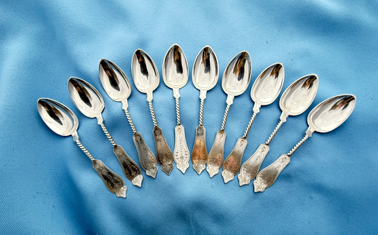CH Ankeny & Co 10 Coin Silver Twist Handle Teaspoons 6 In Mono 178 Gr
