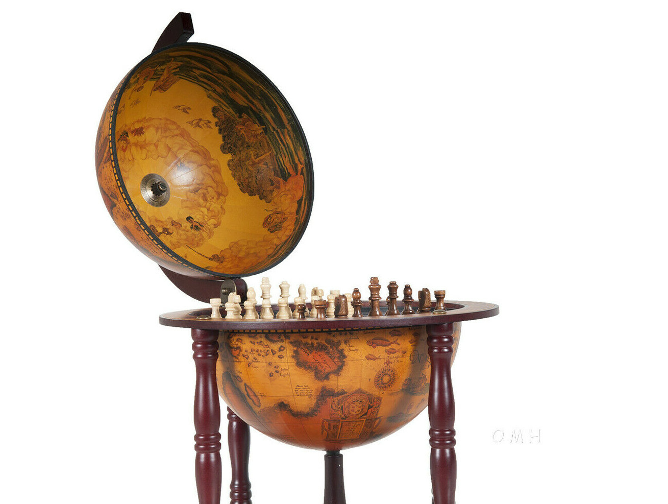 Unique Chess Board w/ Pieces Hidden in Wood Table Top Nautical Old World Globe