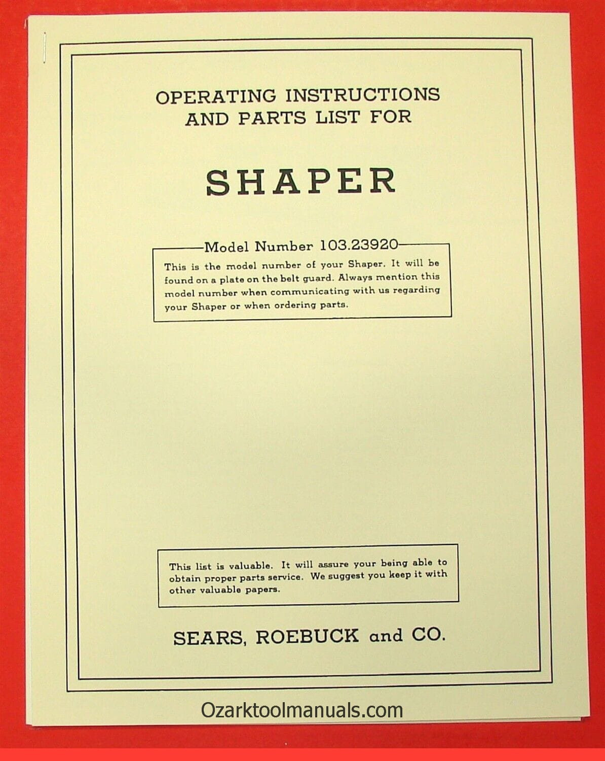 CRAFTSMAN Small Wood Shaper 103.23920 Owners Instructions & Parts Manual 0186