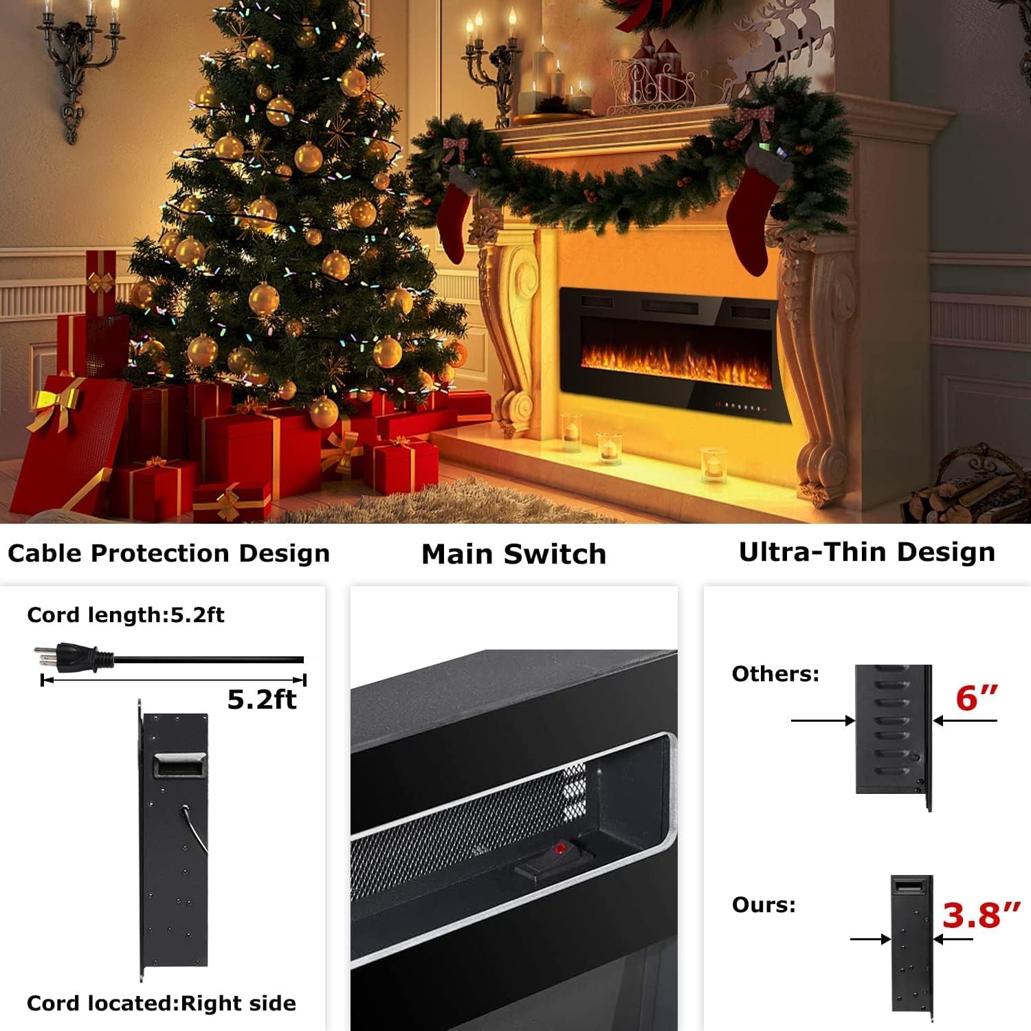 Chimenea Electrica De Calentador Empotrado Pared Remoto Ultrafino 12 Colores 50"