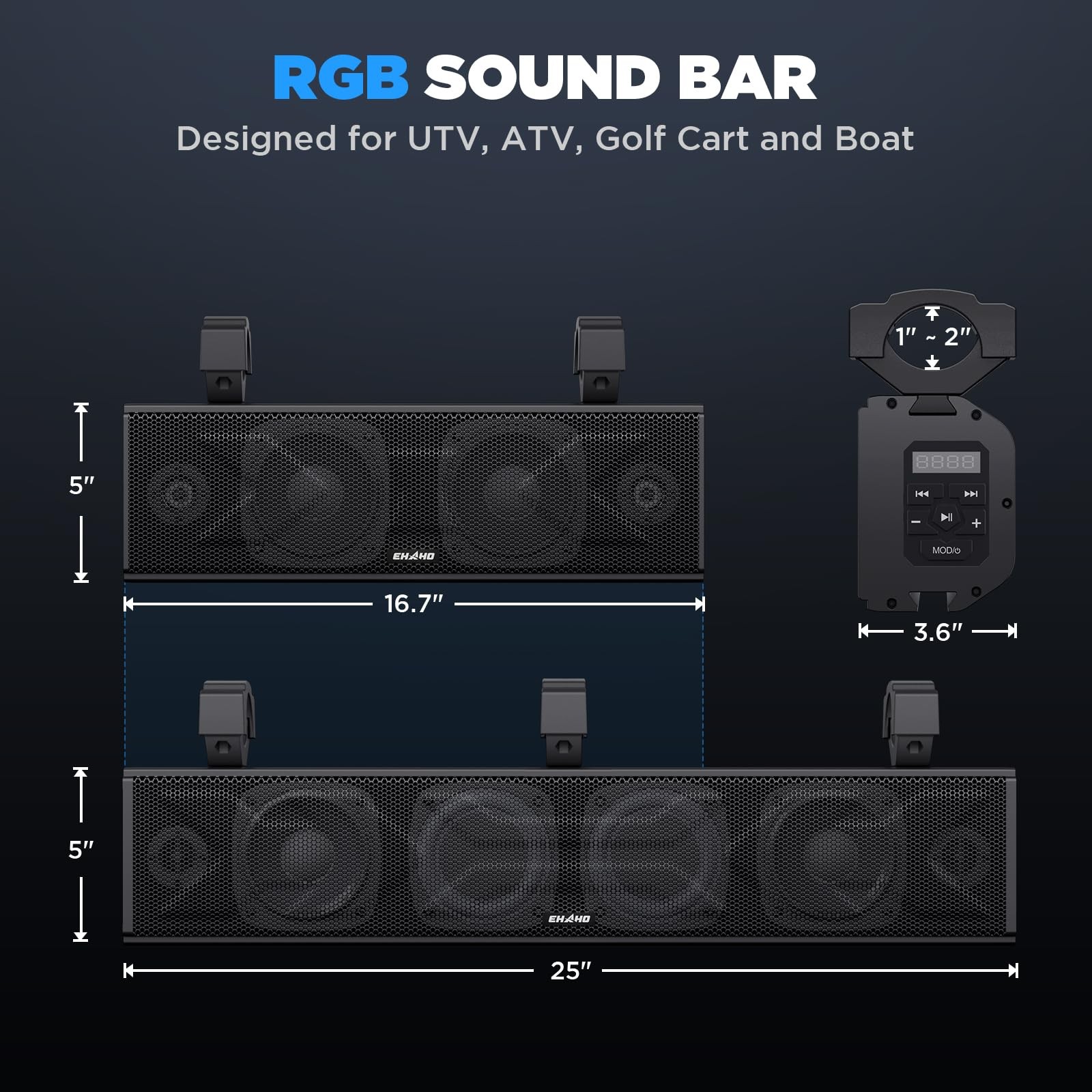 Ehaho 17 Inch UTV Sound Bar, ATV SoundBar Bluetooth with RGB 17 IN, Black