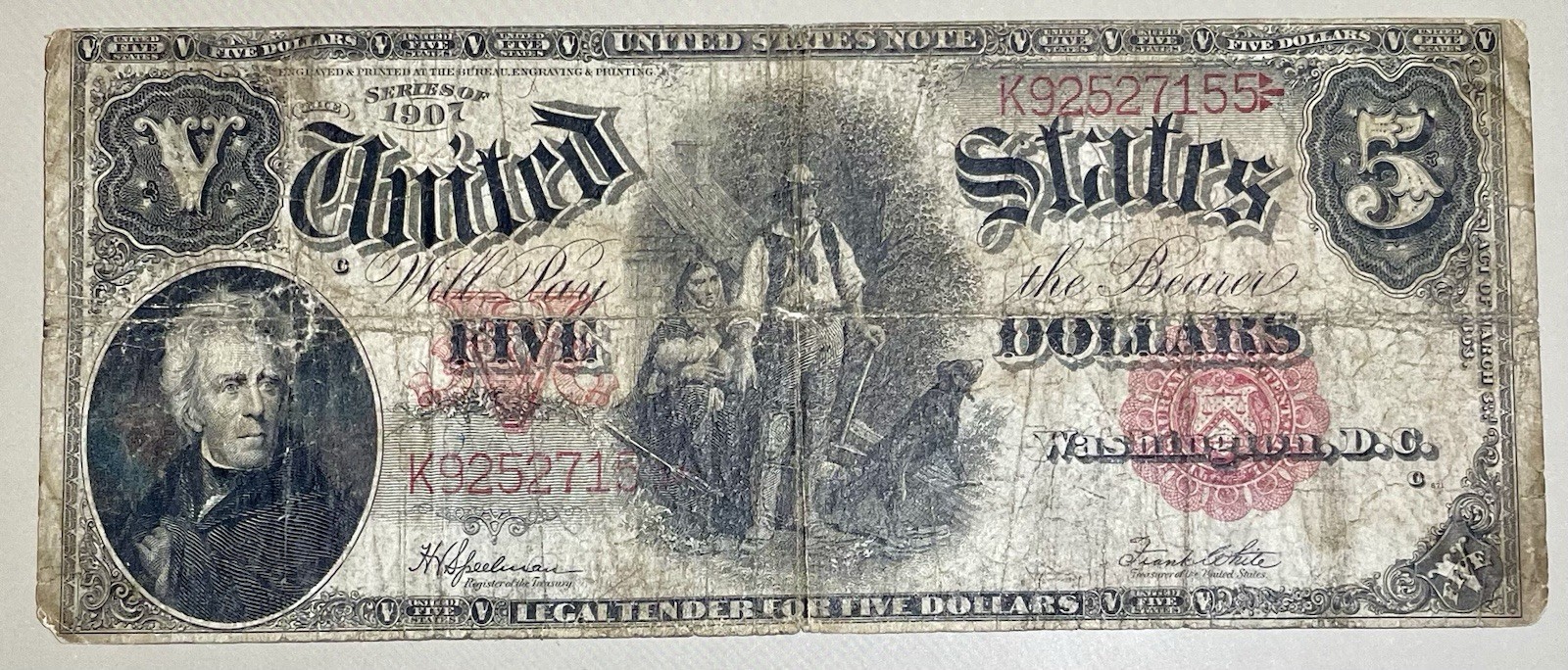US 1907 $5 Large Note Five Dollar Bill Red Seal Woodchopper (see description)