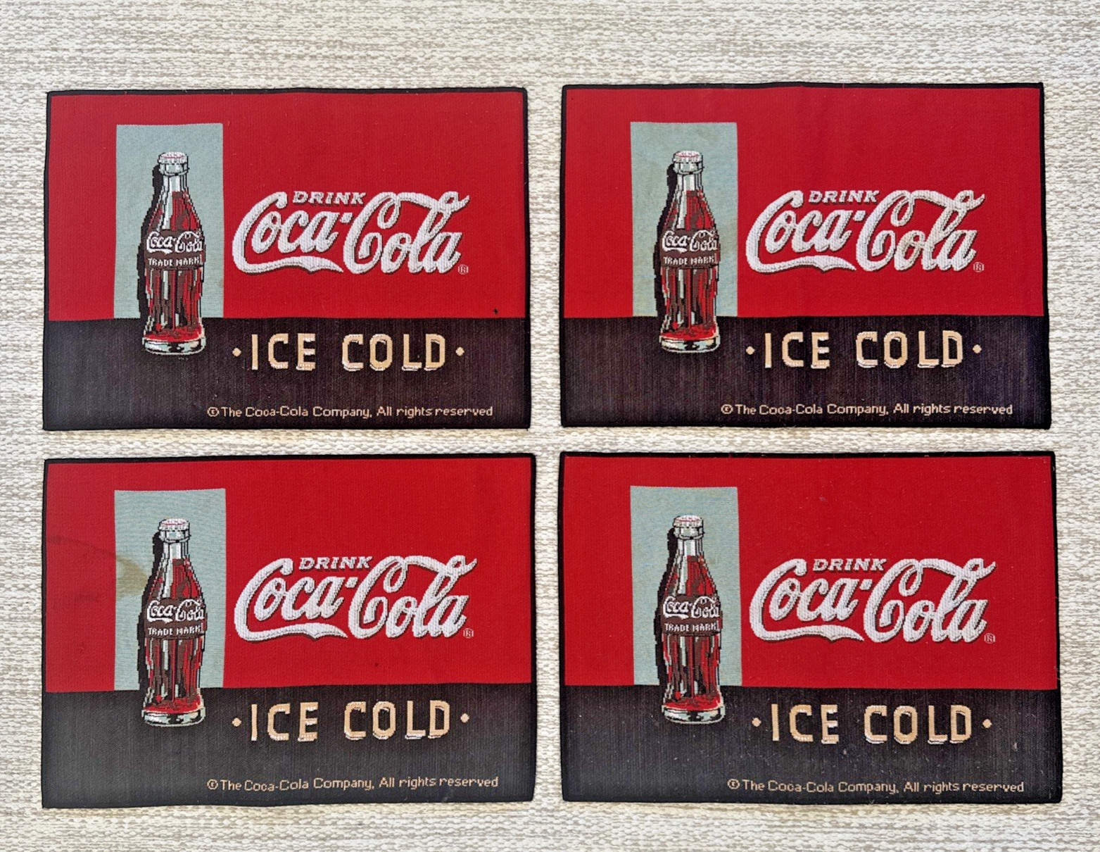 Drink Coca Cola Ice Cold Set of 4 Cloth Table Placemats Red Vtg Coke Ad ~18”x13”