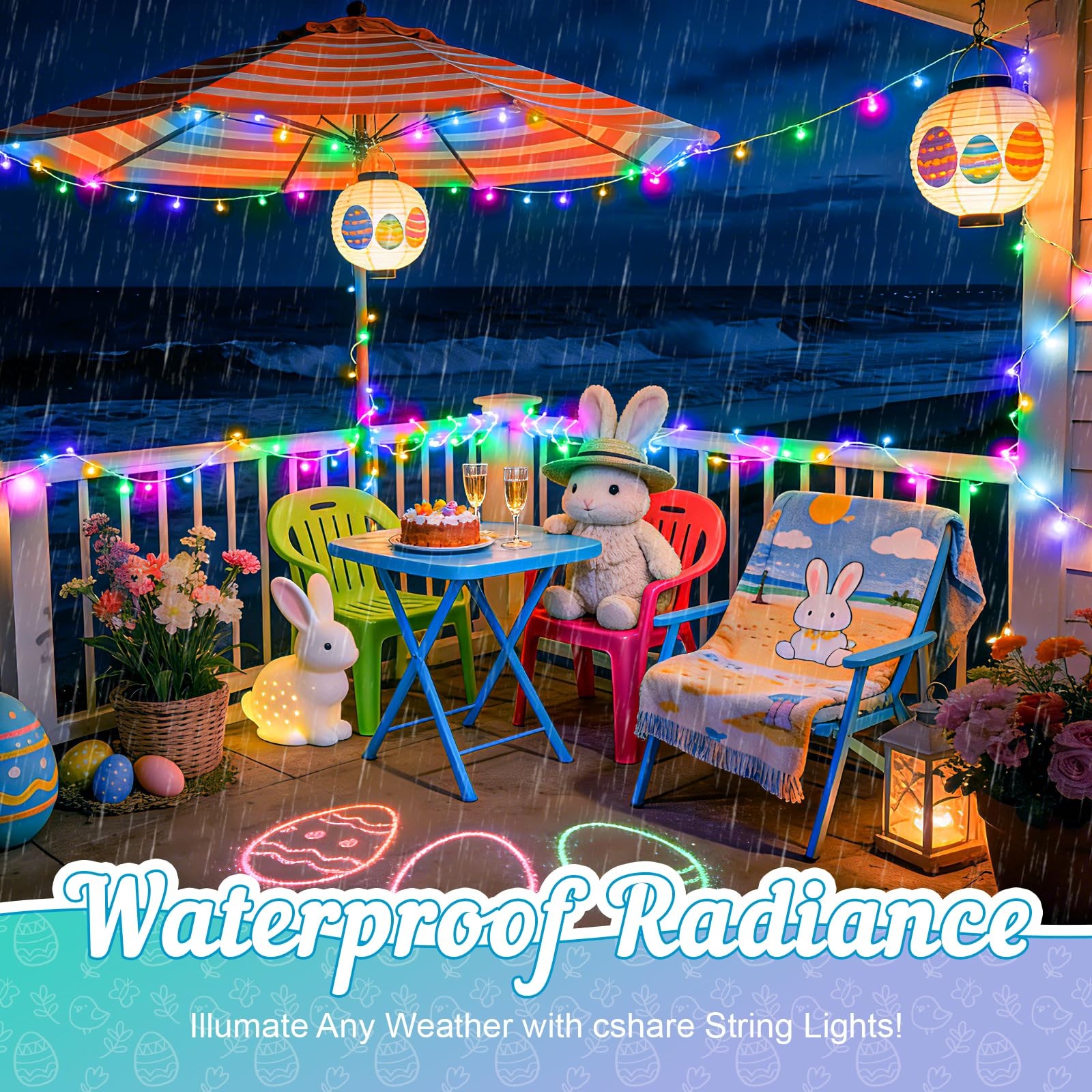 16.4ft 50LED Pastel Easter String Lights Battery Timer White Wire Fairy Garland