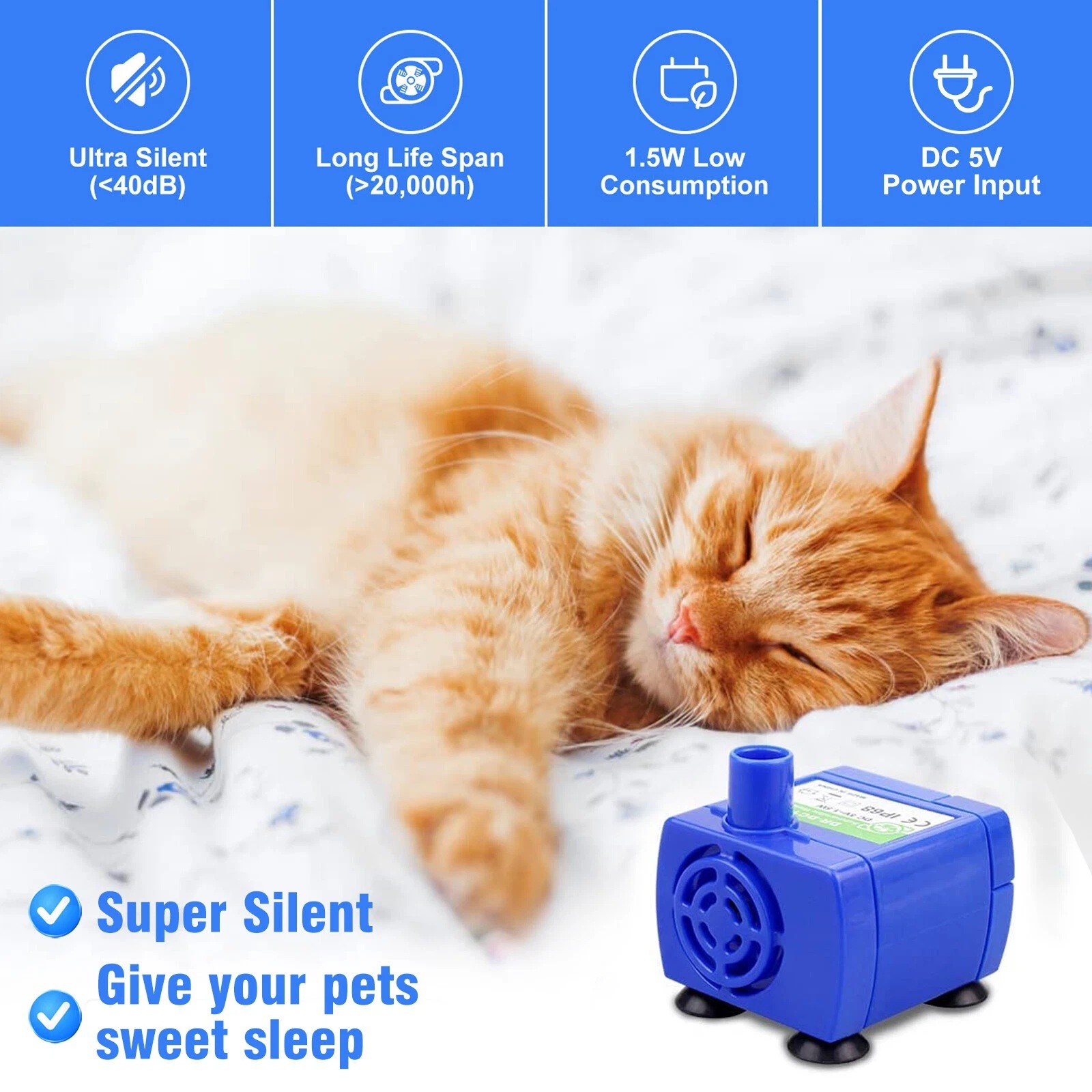 Pet Water Fountain Pump USB Rechargeable with LED Light Cat Dog Drinking Pump