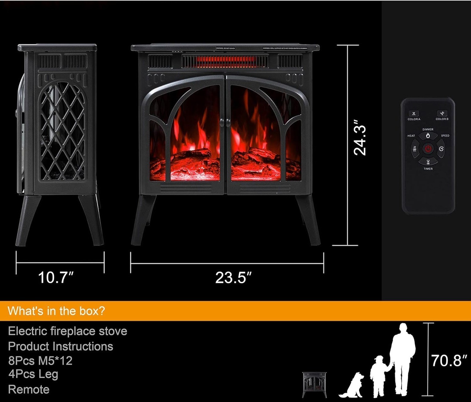 24Inch Electric Fireplace Stove, Free-Standing Infrared Fireplace Stove, Contro