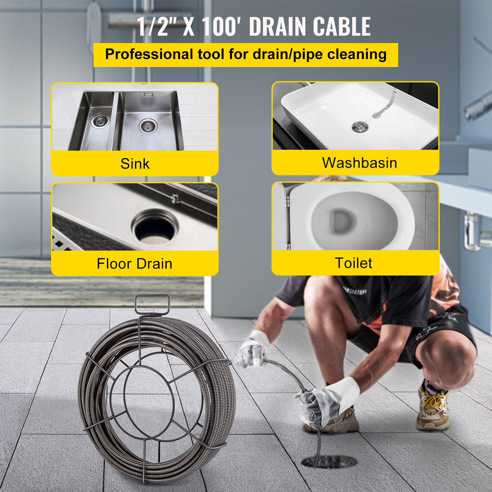 VEVOR Drain Cable Sewer Cable 100Ft 1/2In Drain Cleaning Cable Auger Snake Pipe