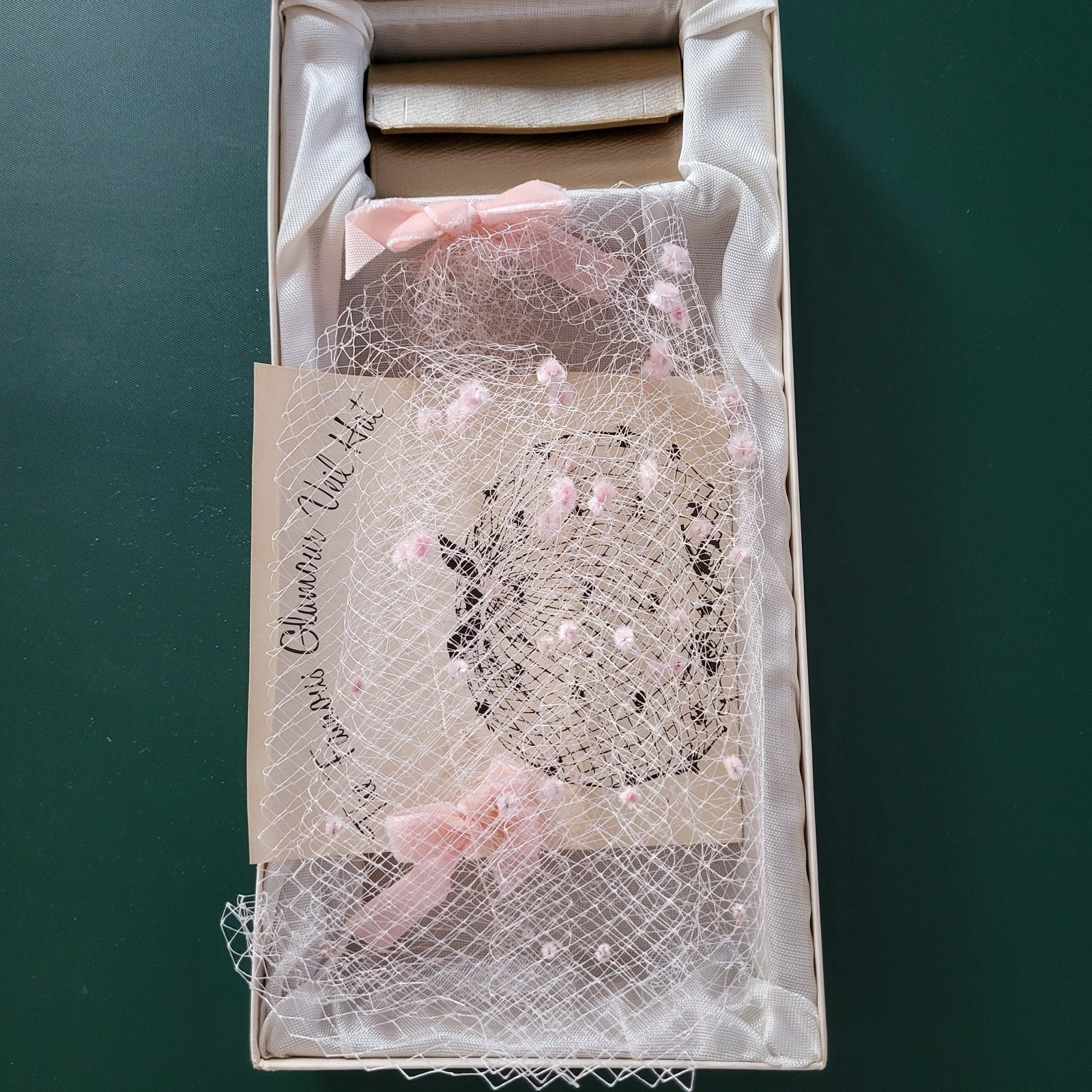 Vtg 1950s Pink Velvet Bow Birdcage Veil Net Hat Hair Piece + Key Holder with Box