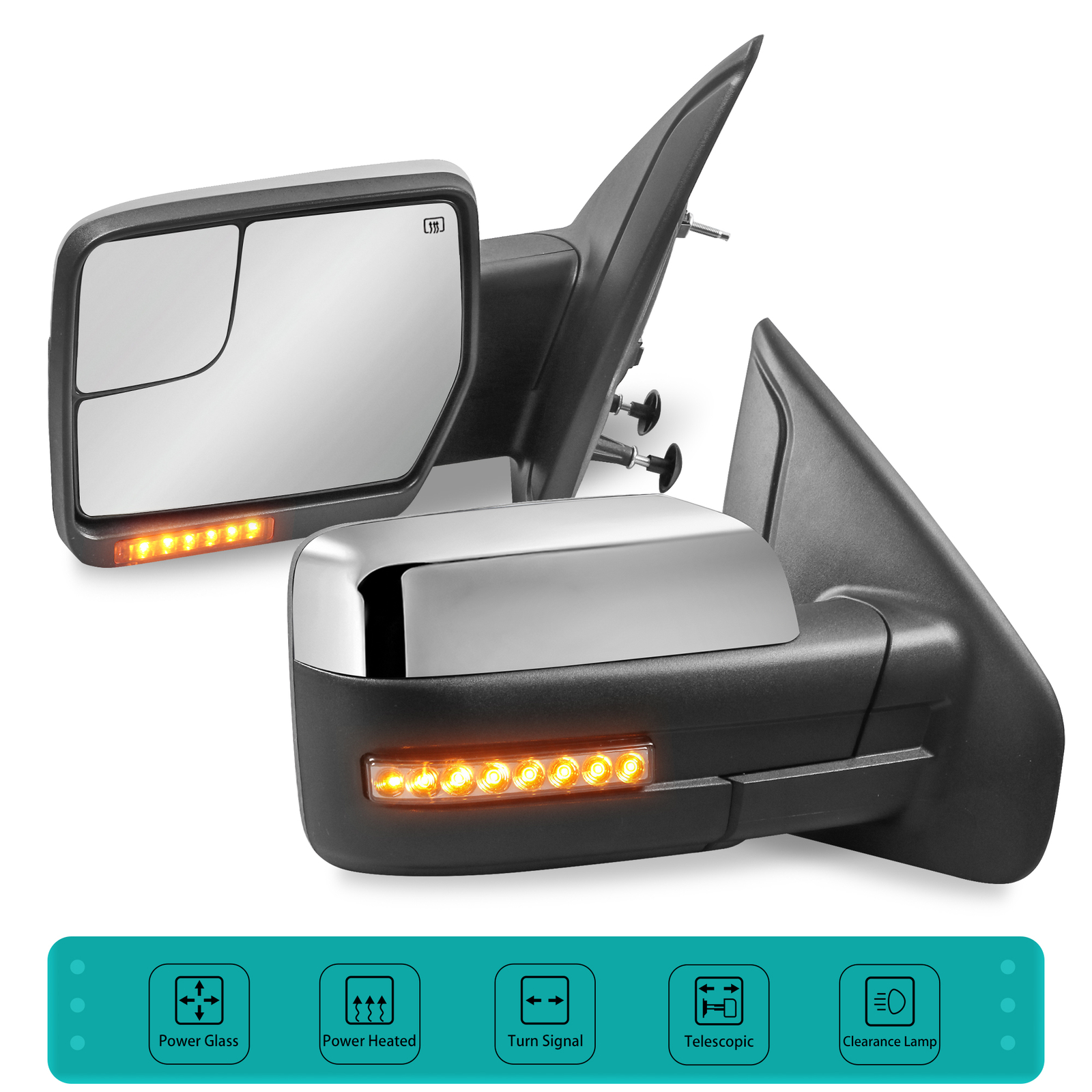 1 Pair Chrome Tow Side View Mirrors For 04-14 Ford F-150 with Sequential  Signal