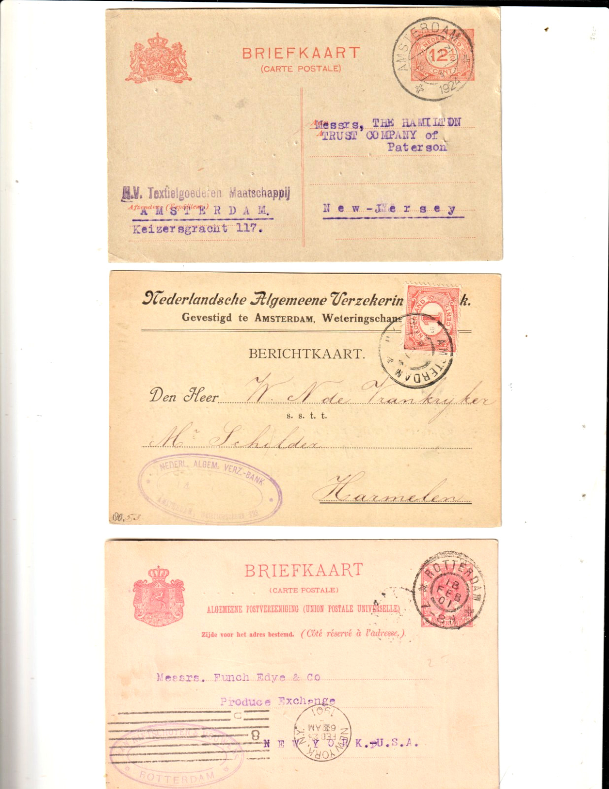 Netherlands 1901-1923 used Postal Stationery postal cards 2 Transatlantic to USA