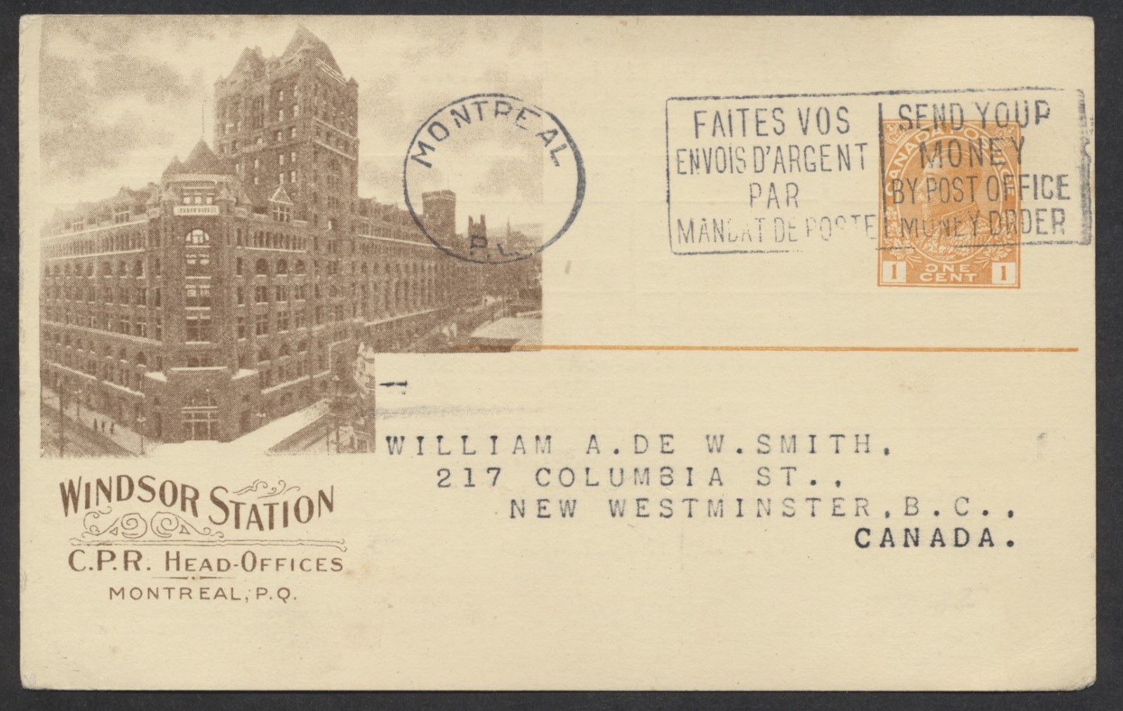 1924 CPR 82B 1c Admiral Sepia View Card Windsor Station Earnings to BC