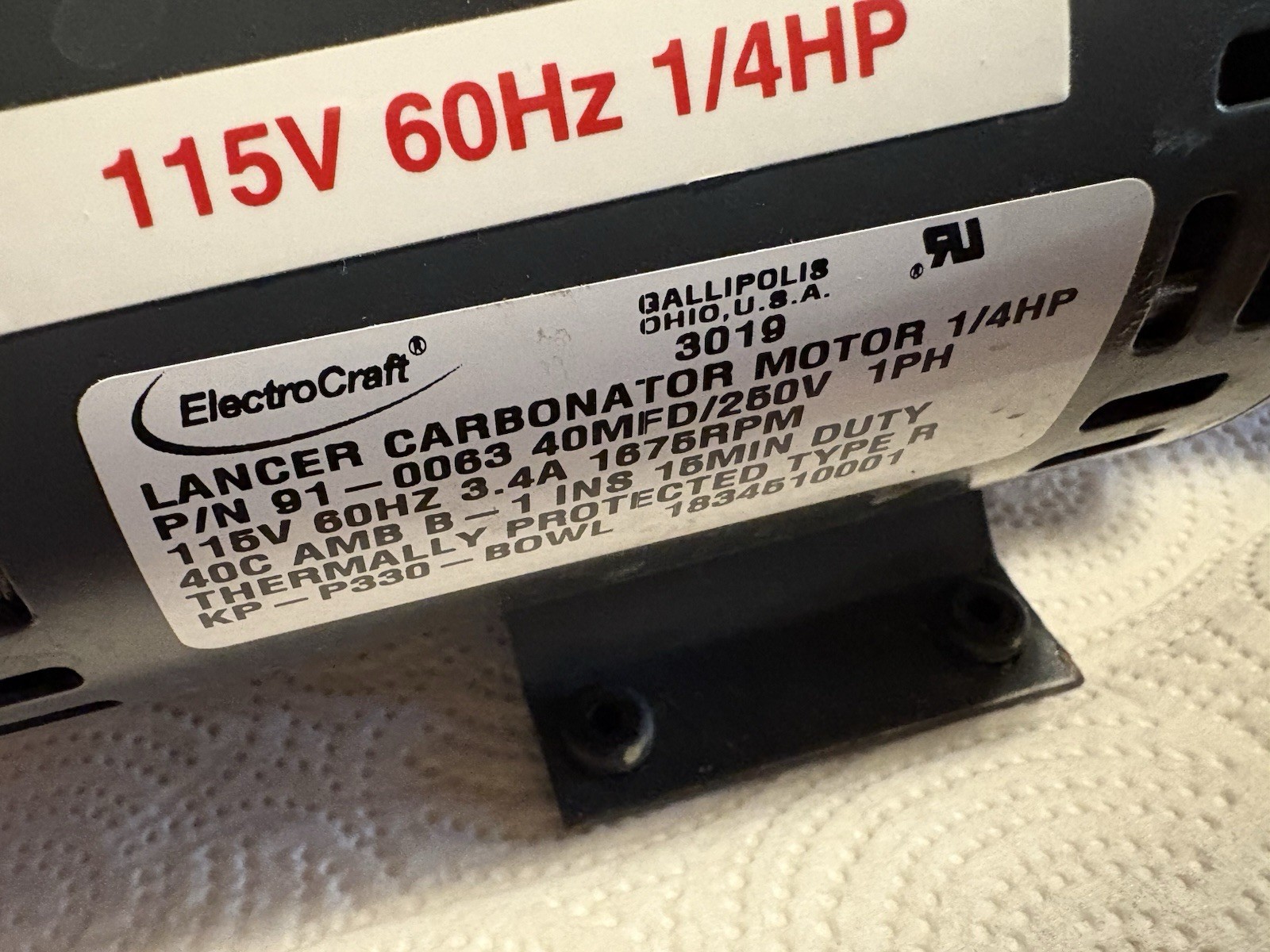 Electrocraft /lancer Carbonator Motor . Please Read