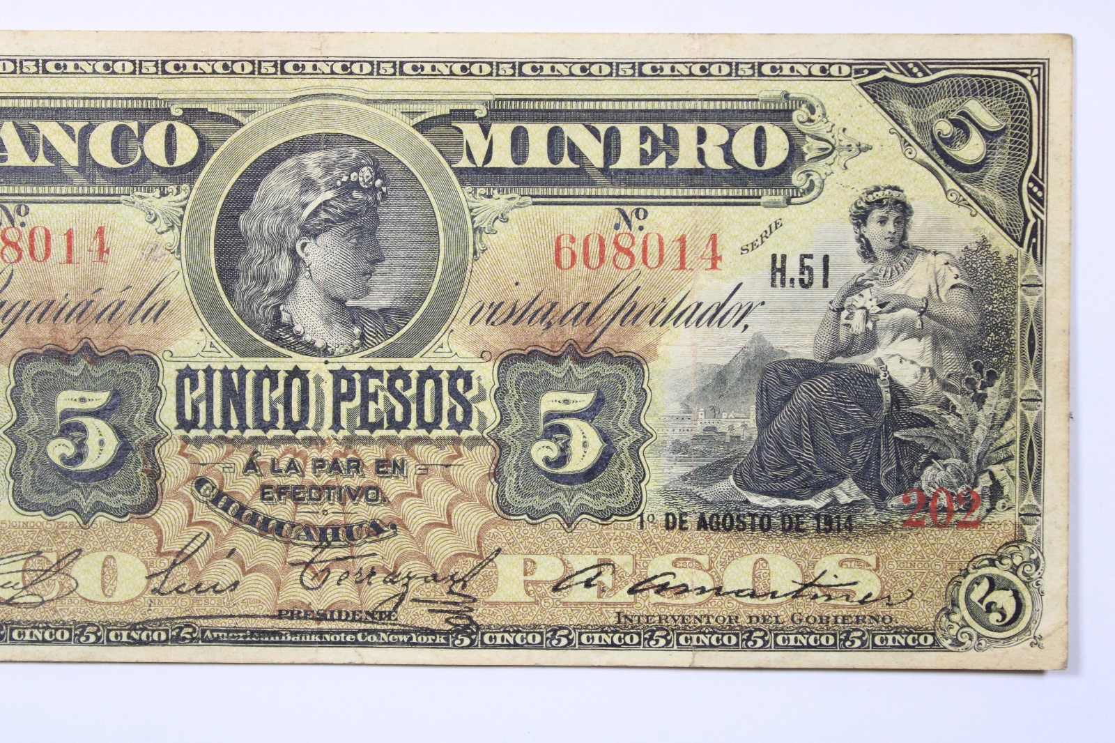1914 El banco Minero 5 pesos Circulated Banknote Serie H.51 VF # 0416