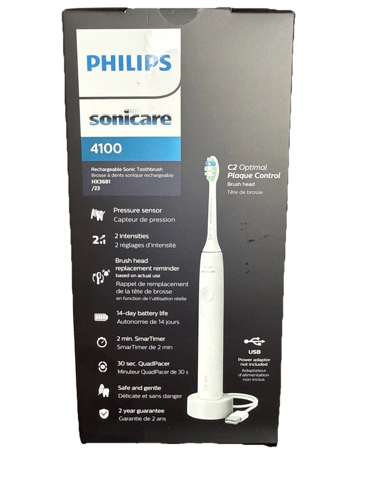 Philips Sonicare 4100 Rechargeable Toothbrush Pressure Sensor White HX3681/23!