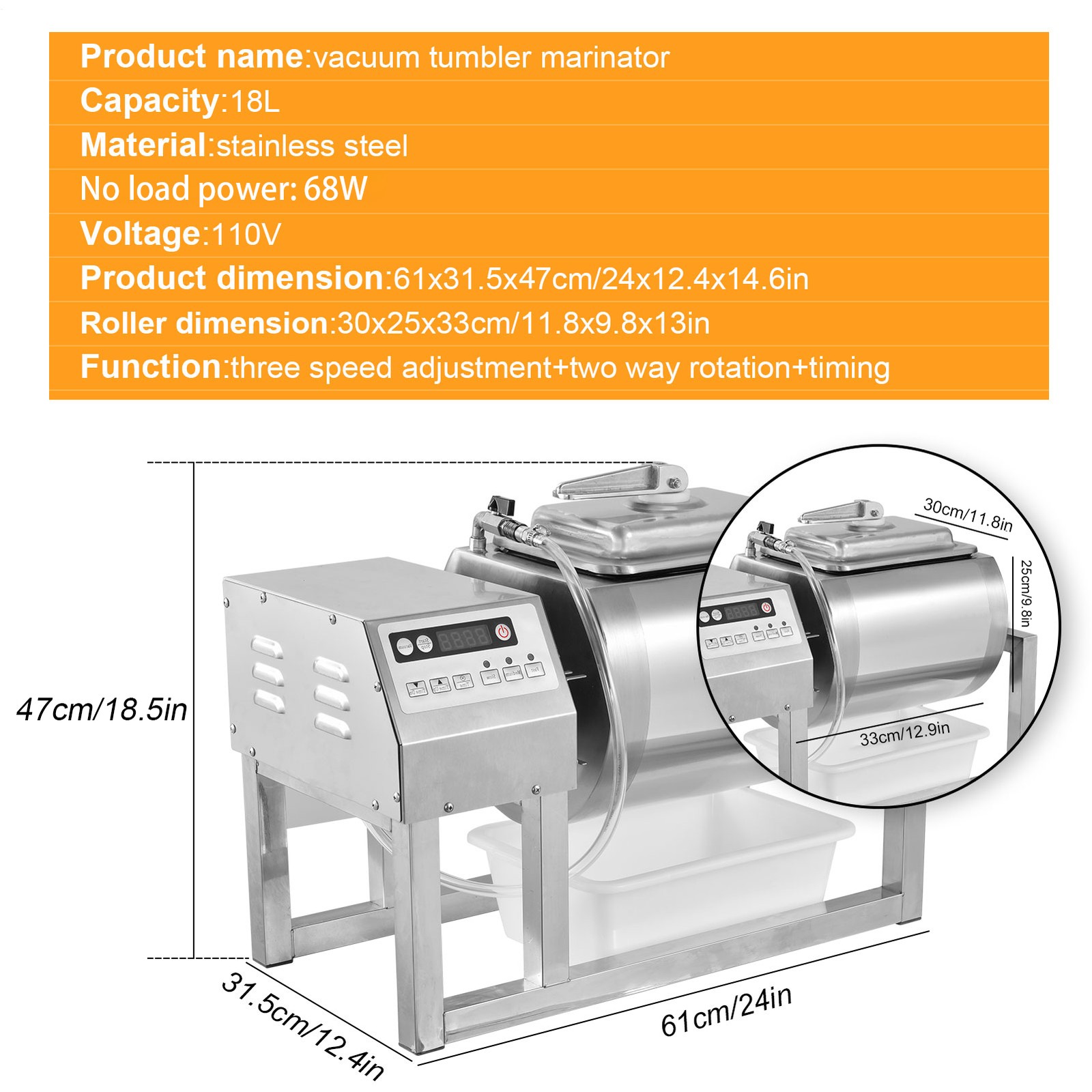 Meat Tumbler Marinator 18L Commercial Vacuum Marinating Mixer Machine Timing