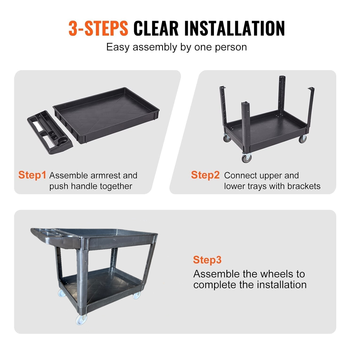 Plastic Utility Cart, 45-1/2" L x 25-1/2" W with Handle 2 Shelves, 550lb Cap