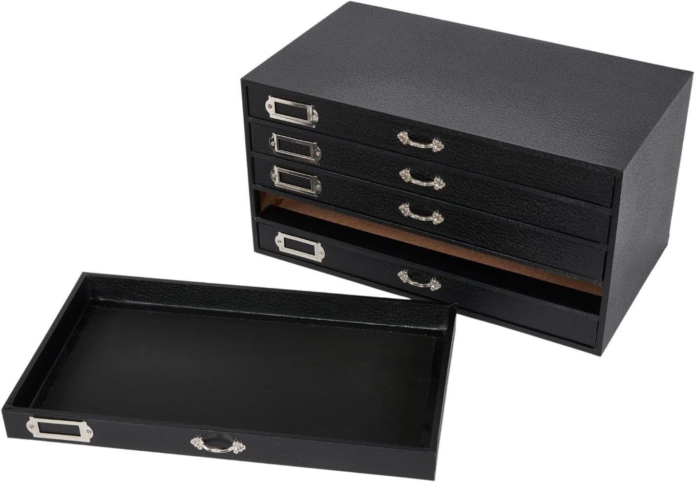 Jewelry Storage Organizer Case Cabinet 5 Drawer Black Faux Leather 15" x 8"