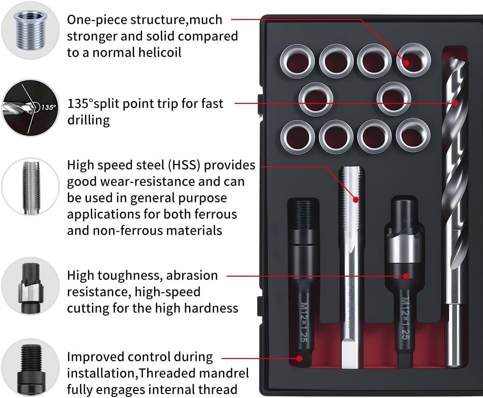 M12X1.25X15MM Thread Repair Kit with Insert HSS Drill, Tap, Counterbore, Install
