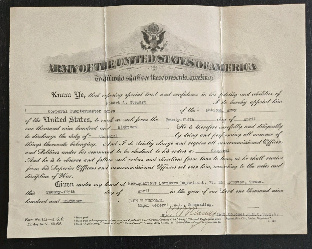 United States Army Appointment to Corporal  1918
