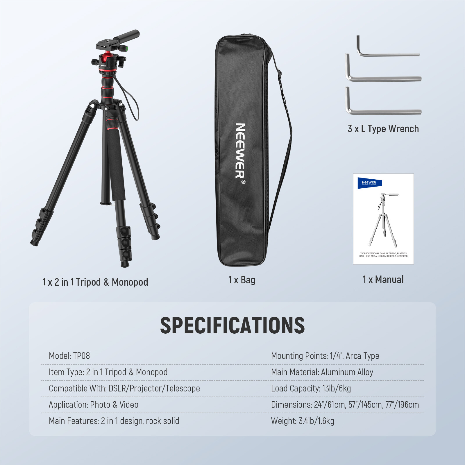NEEWER 77"/196 cm Camera Tripod Monopod Travel DSLR Video Stand 360° Ball Head
