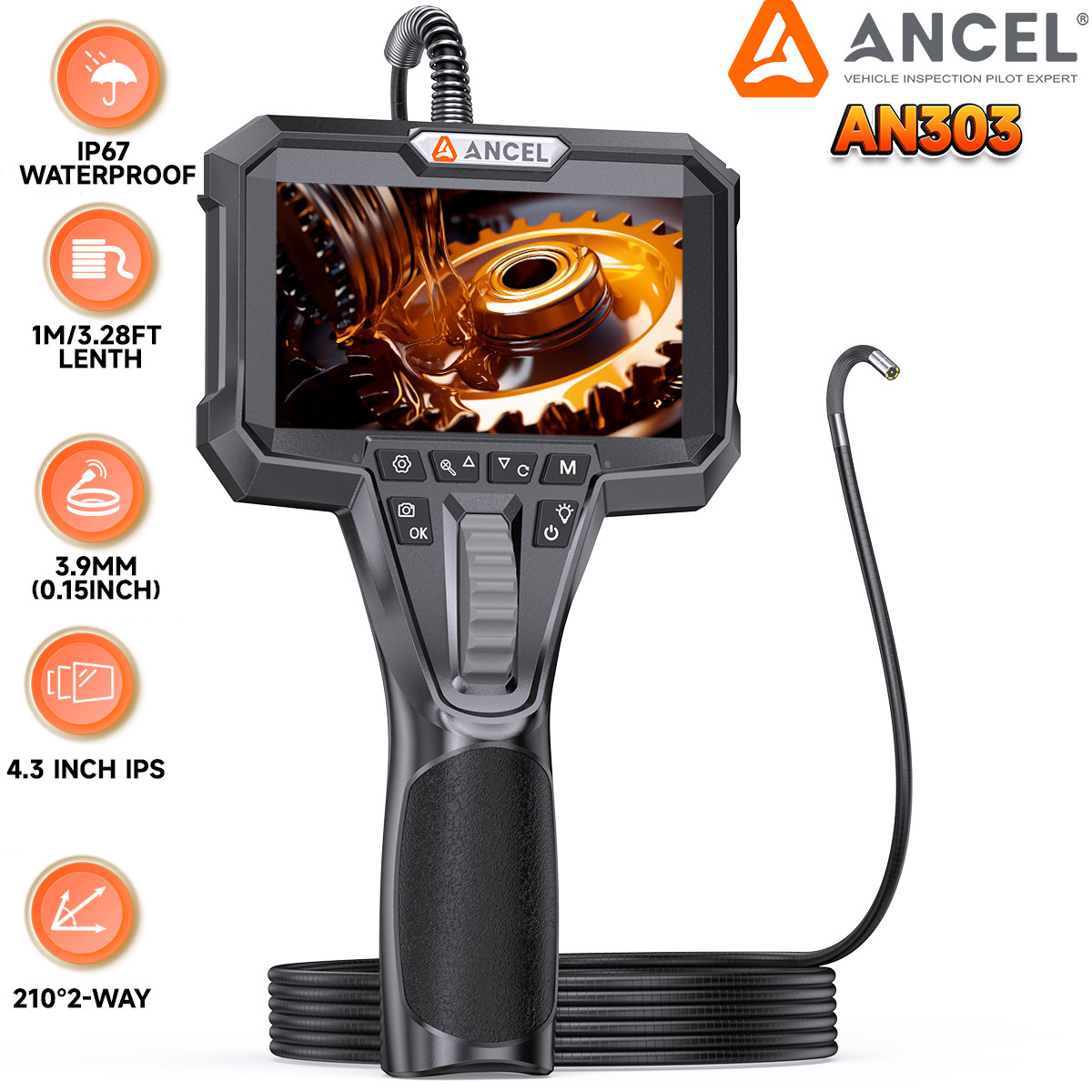 ANCEL AN303 3.9MM 2-way 210° Camera Articulating Borescope Industrial Endoscope