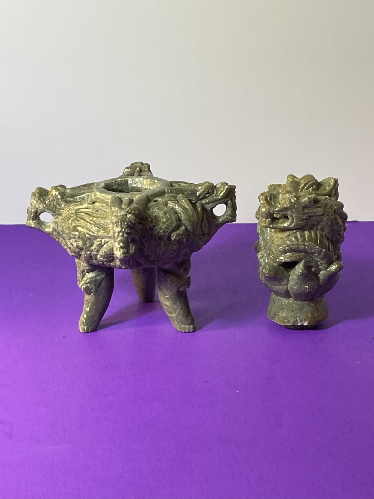 Chinese Stone TRIPOD Jar Lidded Dragon Lion Carved Two Piece Incense Burner