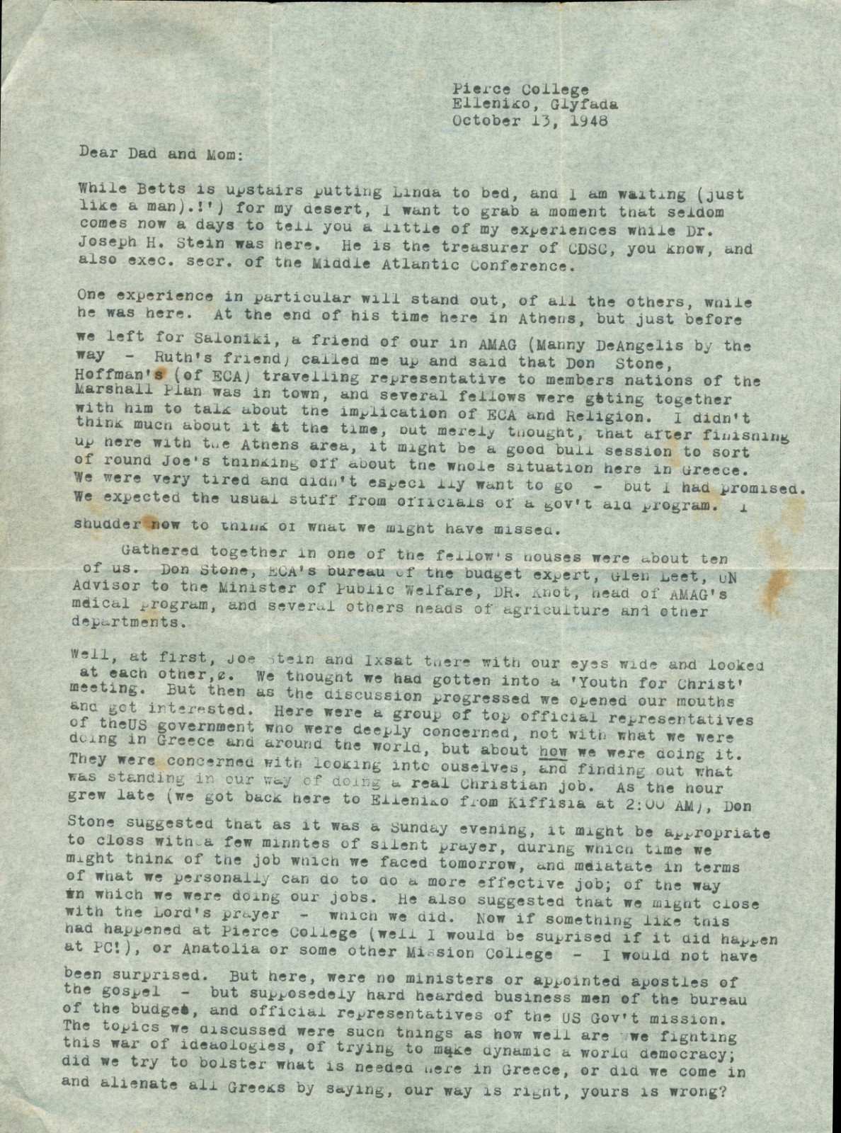 Athens Greece Marshall Plan Pierce American College 1948 WWII Foreign Aid Letter
