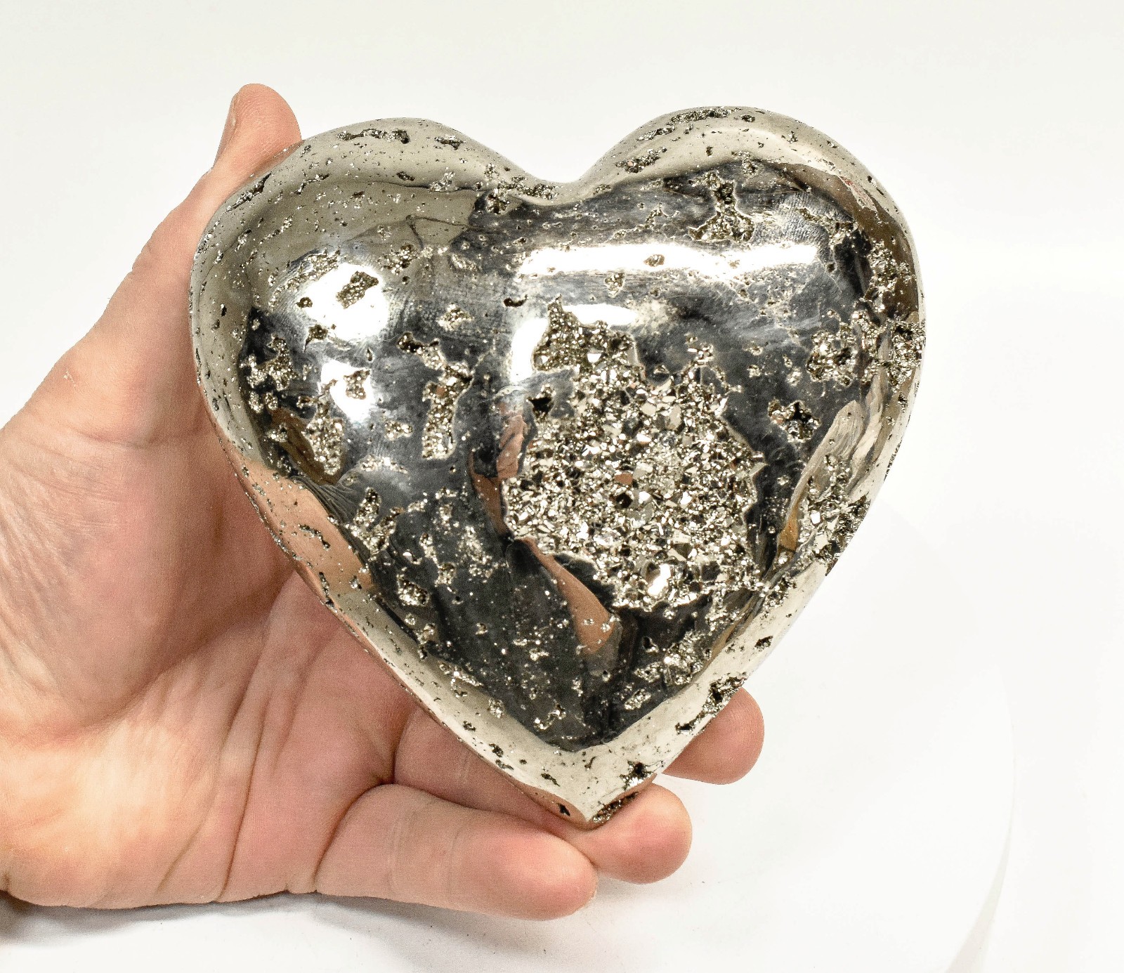 4.88" Polished PYRITE CRYSTAL HEART Carving Huanzala mine, Peru T705