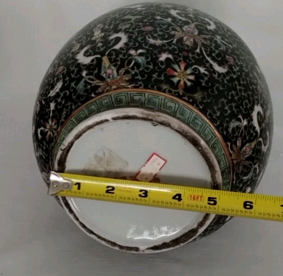 CHINESE BLACK PORCELAIN VASE 14" FLORAL FAMILLE NOIRE STYLE